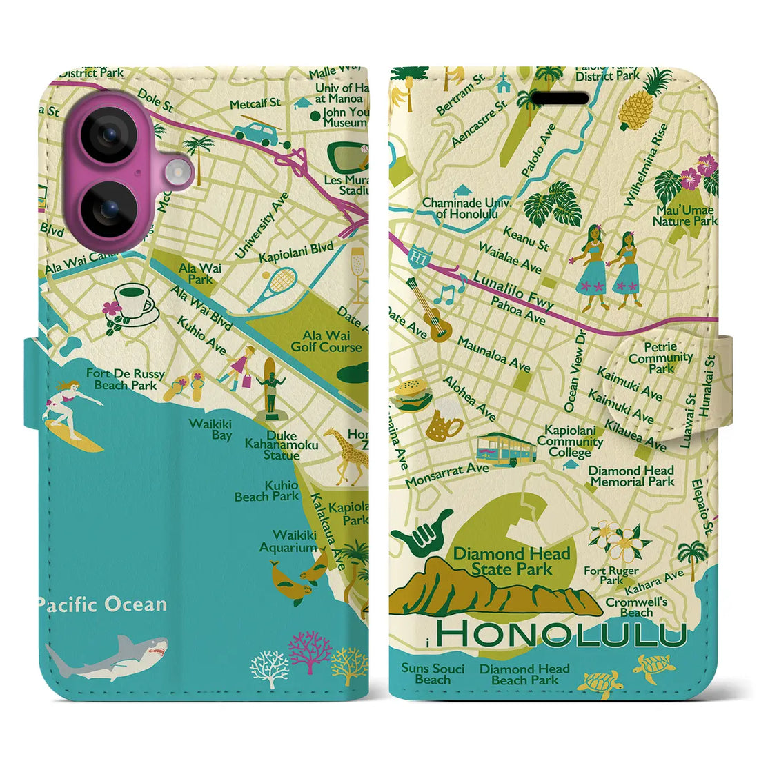 【ホノルル(イラスト)】イラストマップiPhoneケース(手帳タイプ)ブライト・iPhone 16 Pro 用