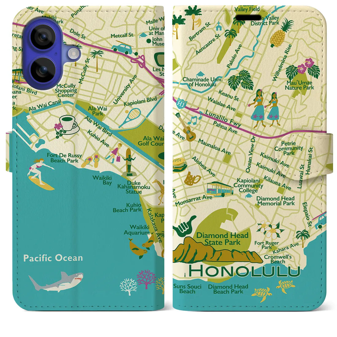 【ホノルル(イラスト)】イラストマップiPhoneケース(手帳タイプ)ブライト・iPhone 16 Pro Max 用