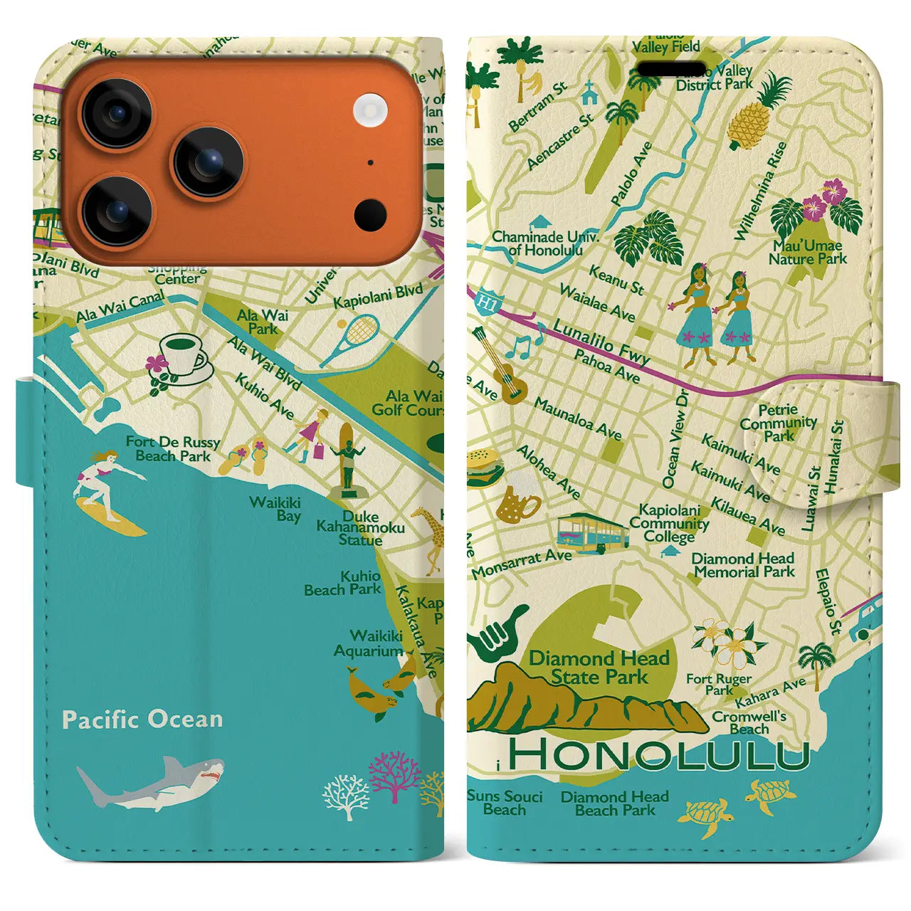 【ホノルル】イラストマップiPhoneケース(手帳タイプ)
