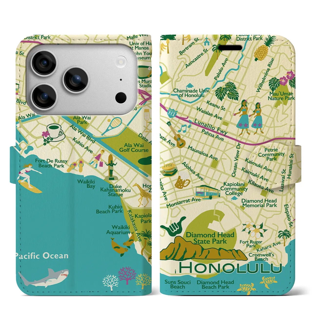 【ホノルル】イラストマップiPhoneケース(手帳タイプ)