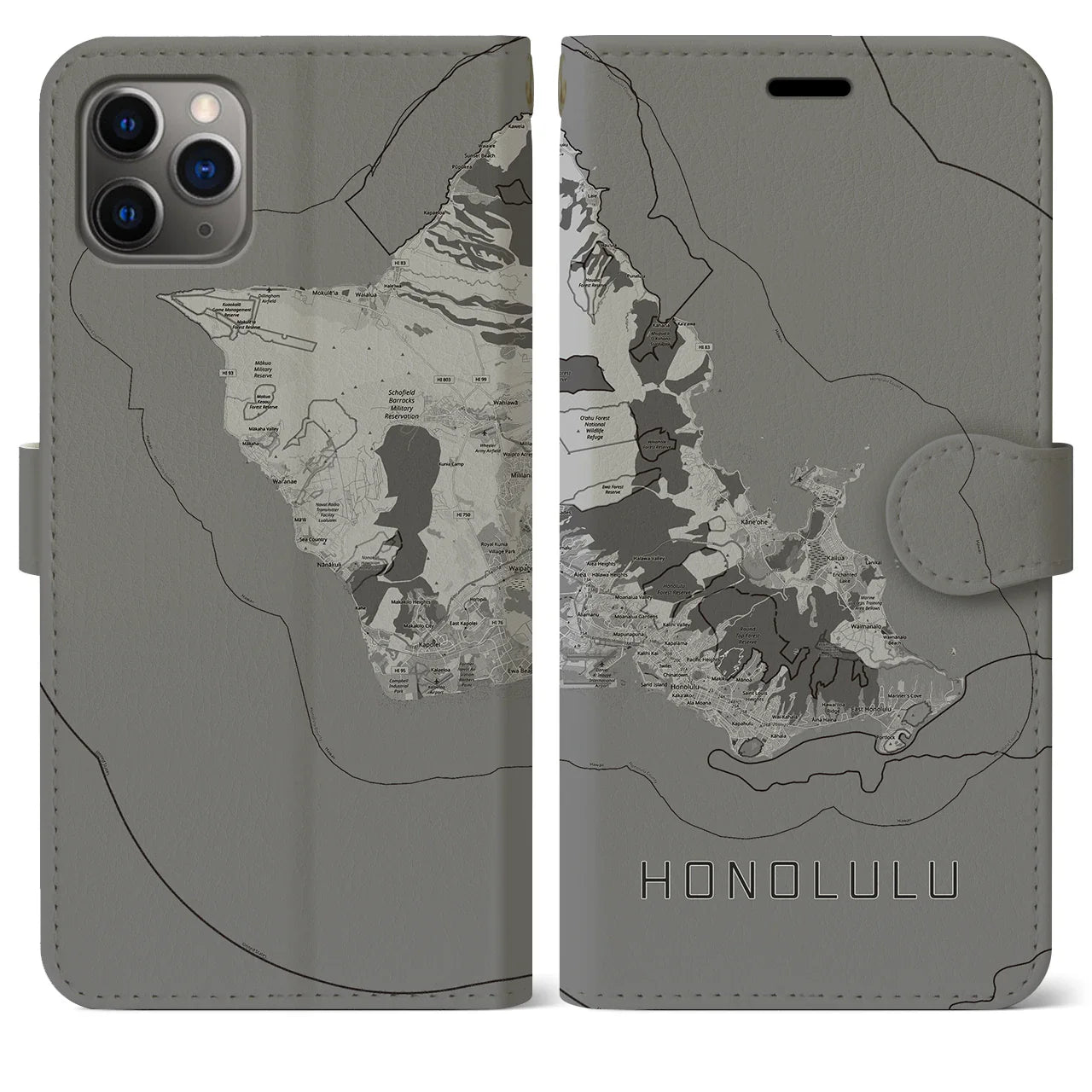 【ホノルル2(アメリカ)】地図柄iPhoneケース(手帳タイプ)モノトーン・iPhone 11 Pro Max 用