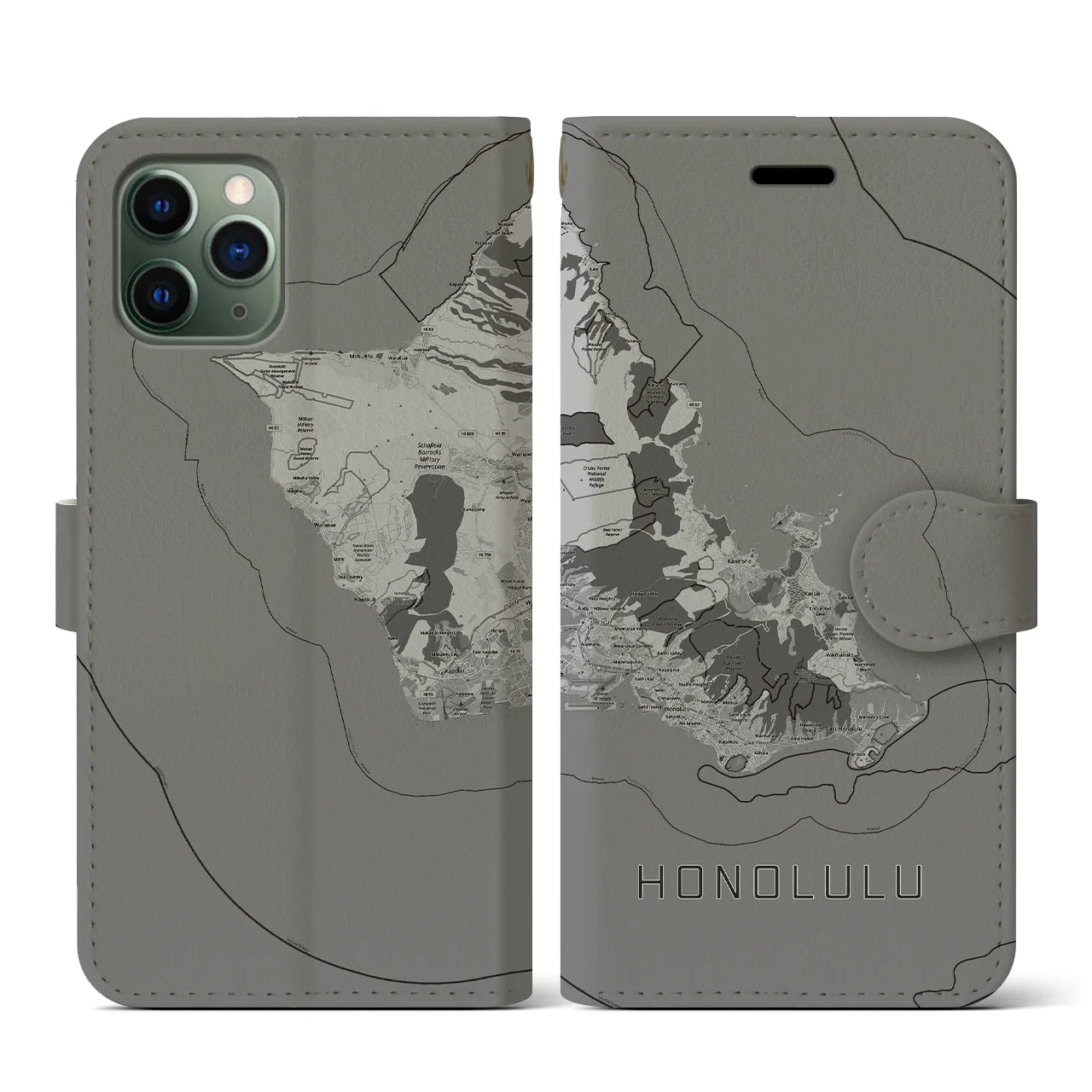 【ホノルル2(アメリカ)】地図柄iPhoneケース(手帳タイプ)モノトーン・iPhone 11 Pro 用