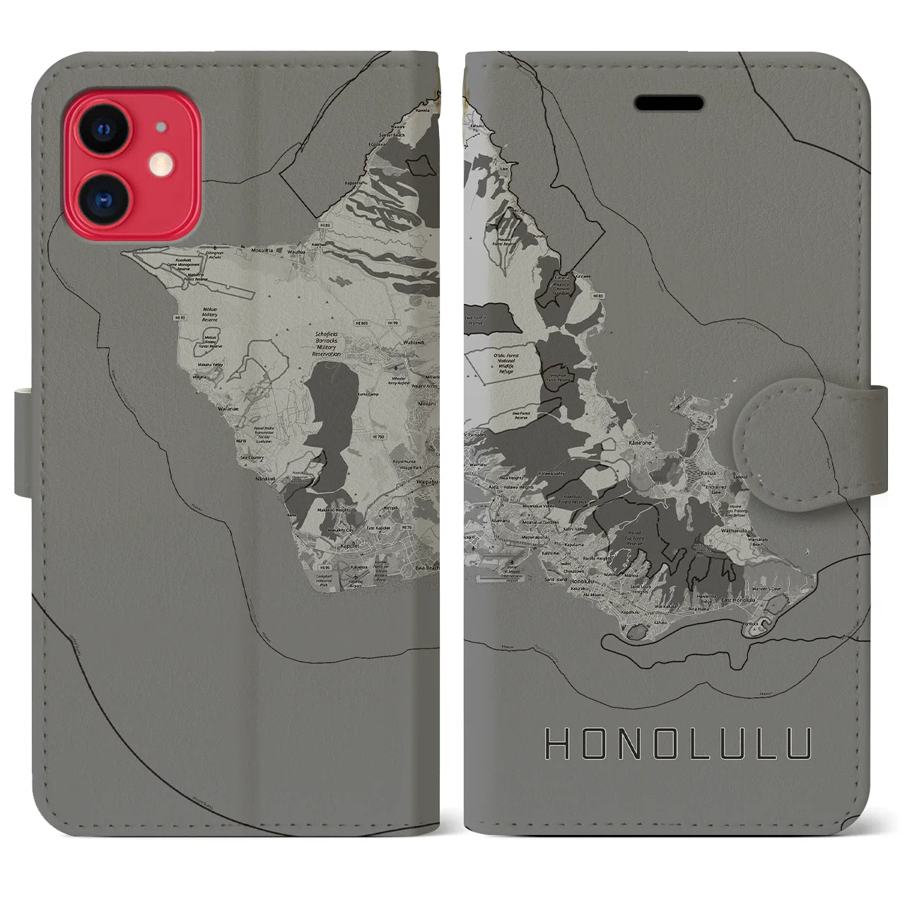 【ホノルル2(アメリカ)】地図柄iPhoneケース(手帳タイプ)モノトーン・iPhone 11 用