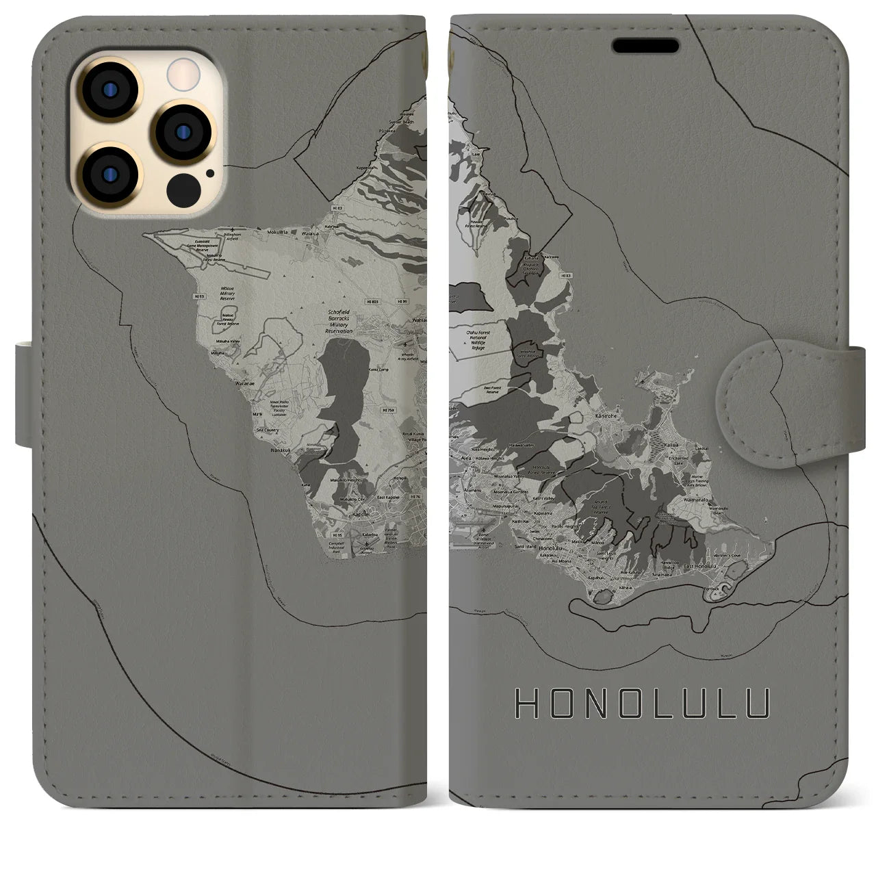【ホノルル2(アメリカ)】地図柄iPhoneケース(手帳タイプ)モノトーン・iPhone 12 Pro Max 用