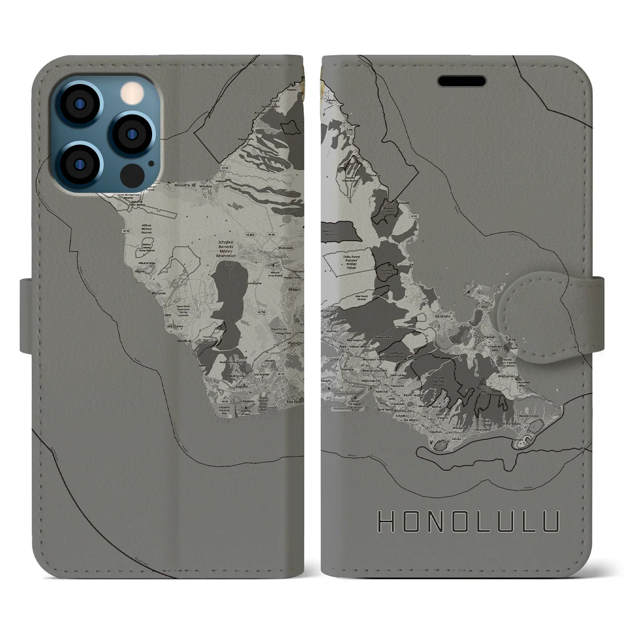 【ホノルル2(アメリカ)】地図柄iPhoneケース(手帳タイプ)モノトーン・iPhone 12 / 12 Pro 用