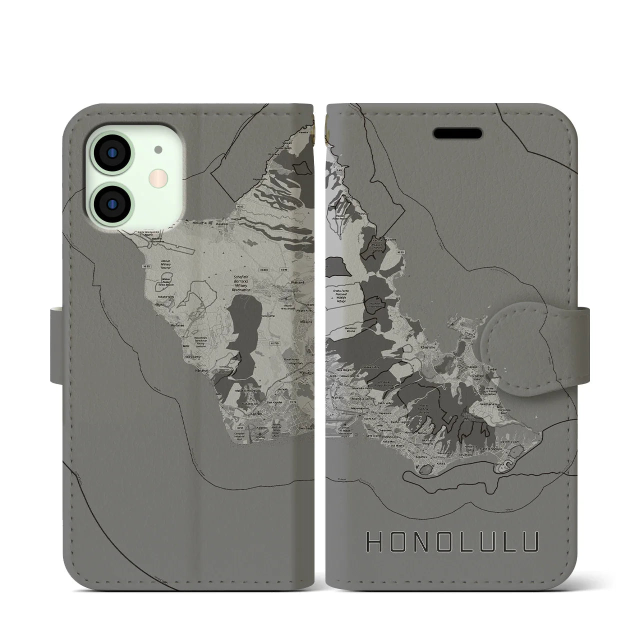 【ホノルル2(アメリカ)】地図柄iPhoneケース(手帳タイプ)モノトーン・iPhone 12 mini 用