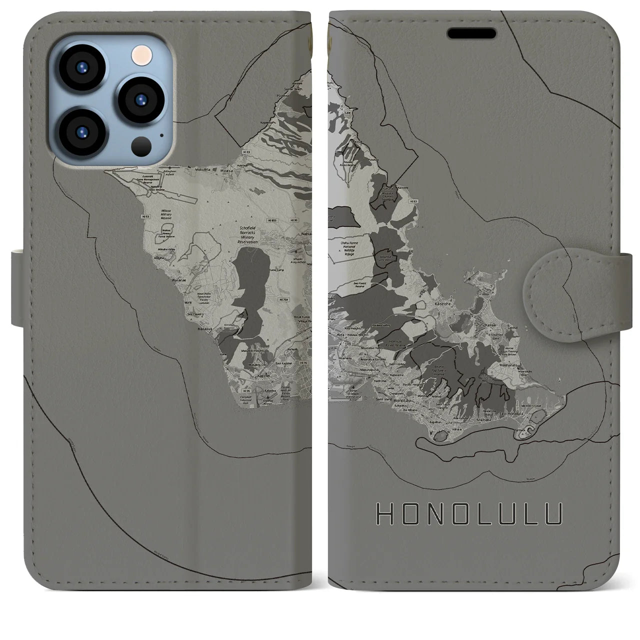 【ホノルル2(アメリカ)】地図柄iPhoneケース(手帳タイプ)モノトーン・iPhone 13 Pro Max 用
