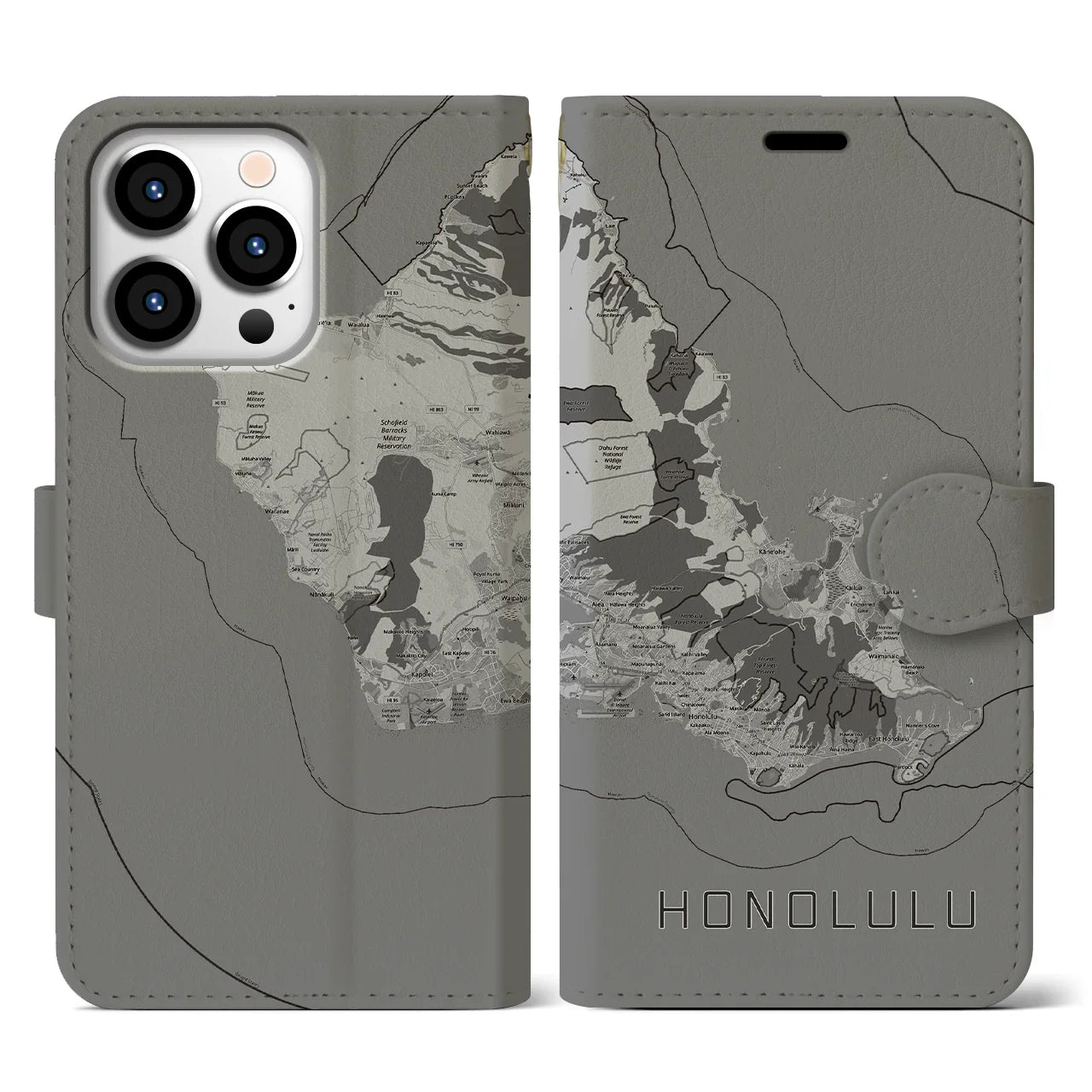【ホノルル2(アメリカ)】地図柄iPhoneケース(手帳タイプ)モノトーン・iPhone 13 Pro 用