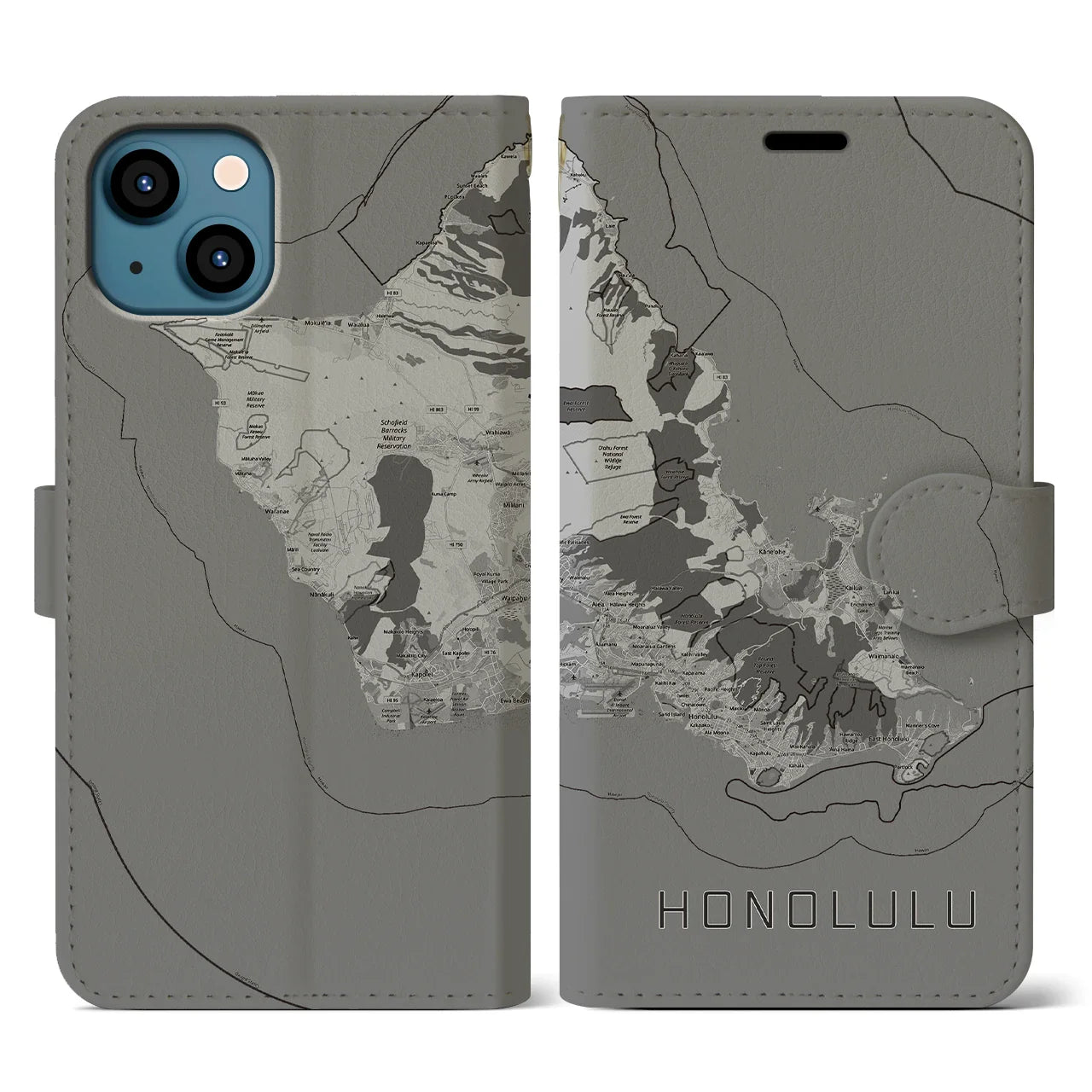 【ホノルル2(アメリカ)】地図柄iPhoneケース(手帳タイプ)モノトーン・iPhone 13 用
