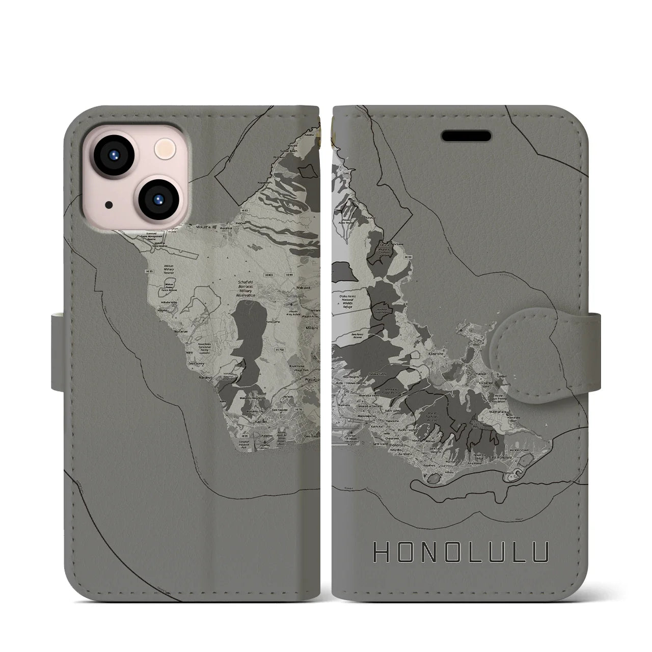 【ホノルル2(アメリカ)】地図柄iPhoneケース(手帳タイプ)モノトーン・iPhone 13 mini 用