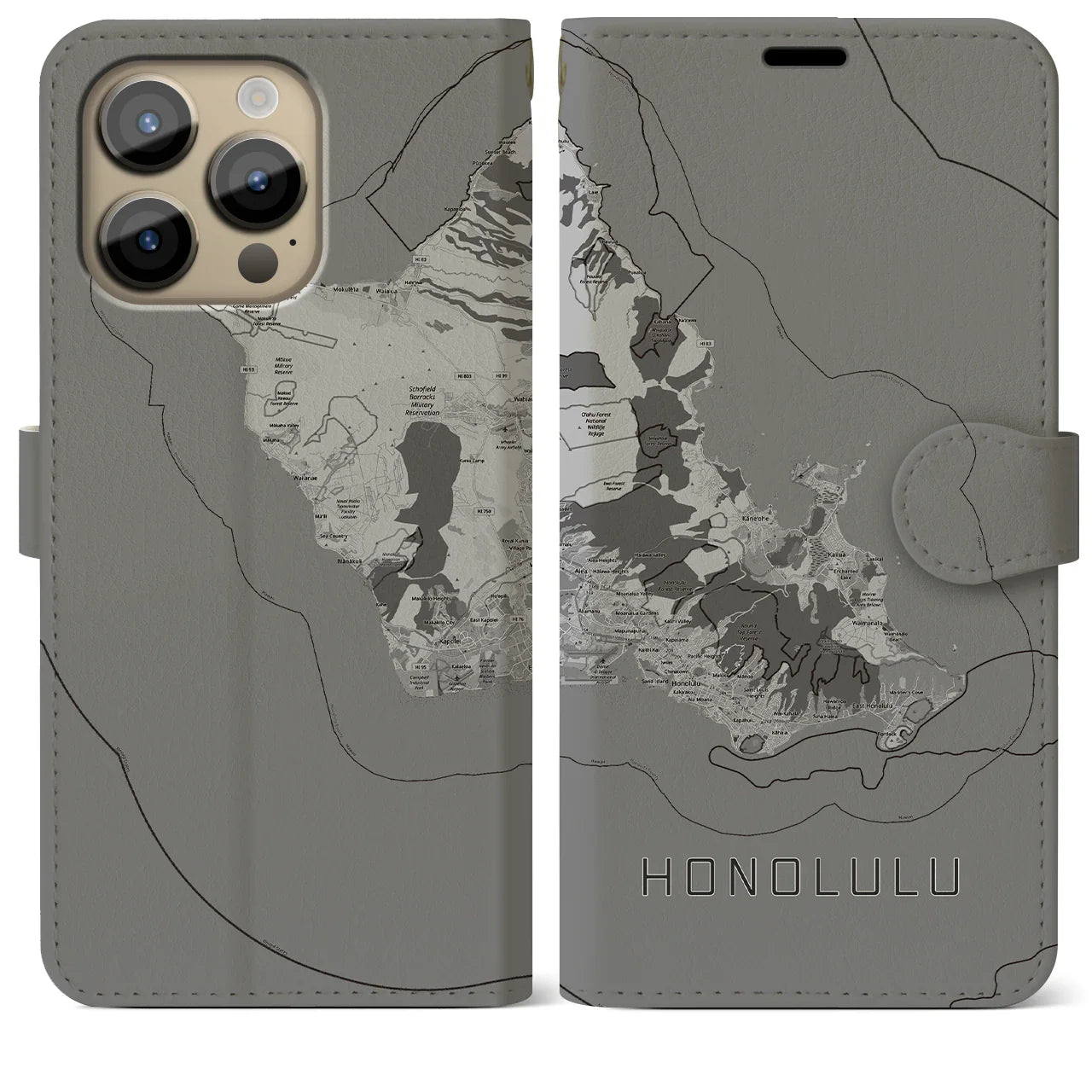 【ホノルル2(アメリカ)】地図柄iPhoneケース(手帳タイプ)モノトーン・iPhone 14 Pro Max 用