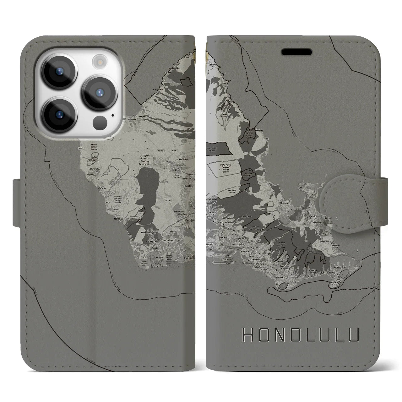 【ホノルル2(アメリカ)】地図柄iPhoneケース(手帳タイプ)モノトーン・iPhone 14 Pro 用