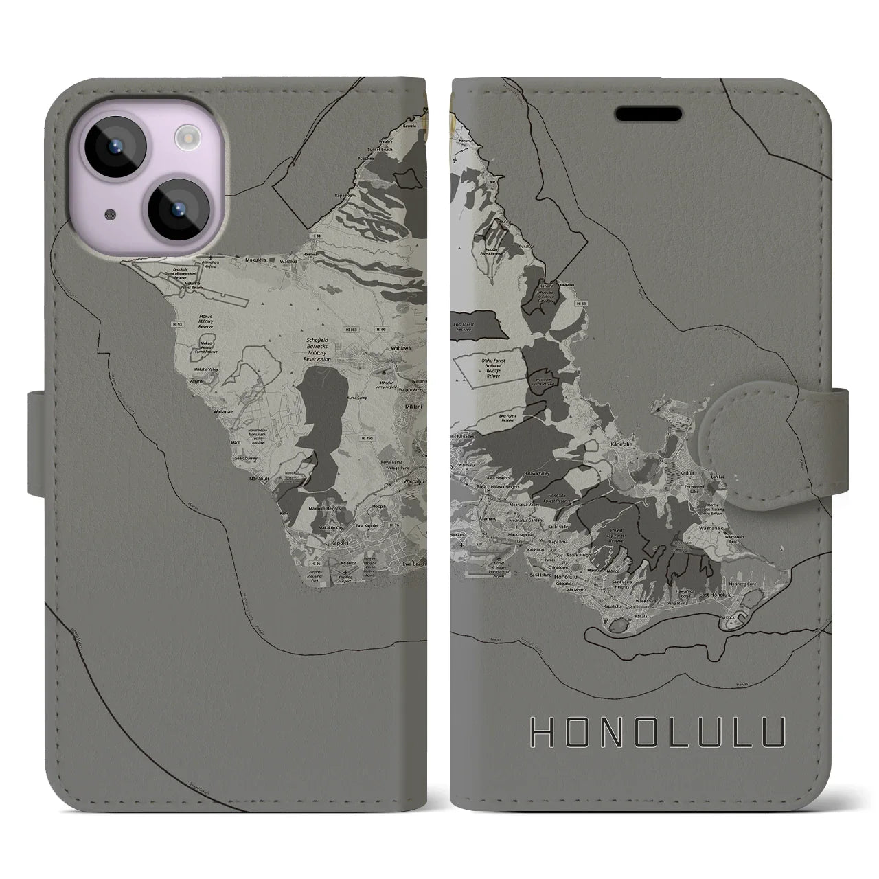 【ホノルル2(アメリカ)】地図柄iPhoneケース(手帳タイプ)モノトーン・iPhone 14 用