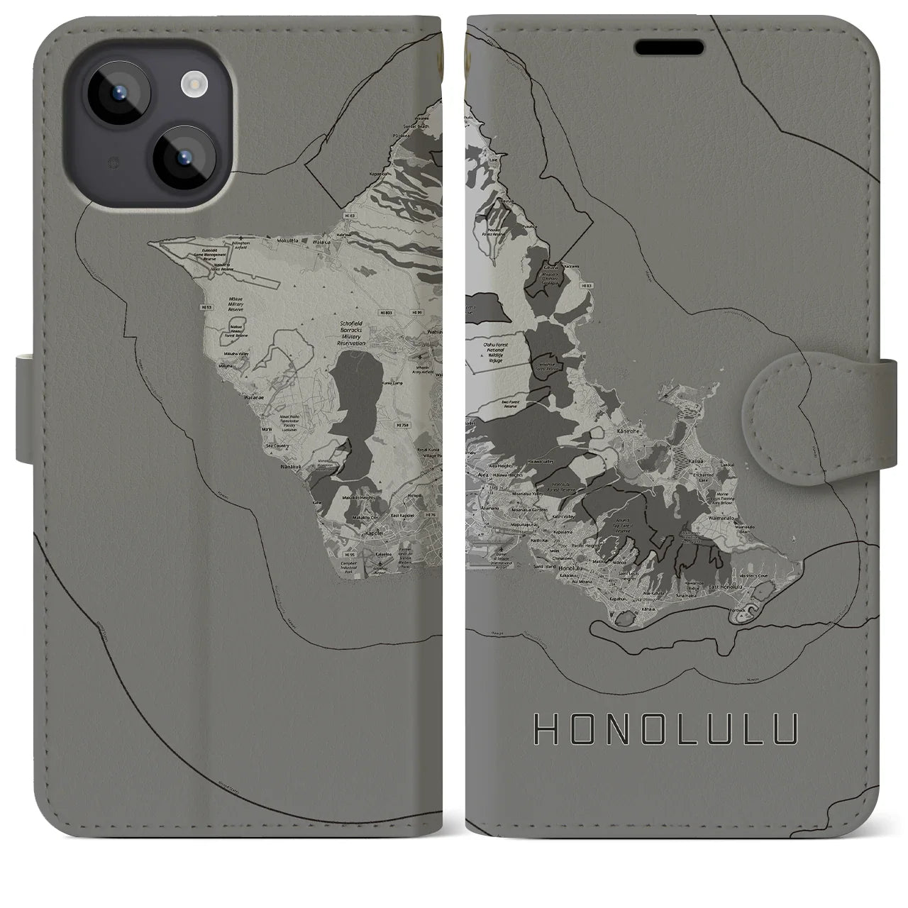 【ホノルル2(アメリカ)】地図柄iPhoneケース(手帳タイプ)モノトーン・iPhone 14 Plus 用