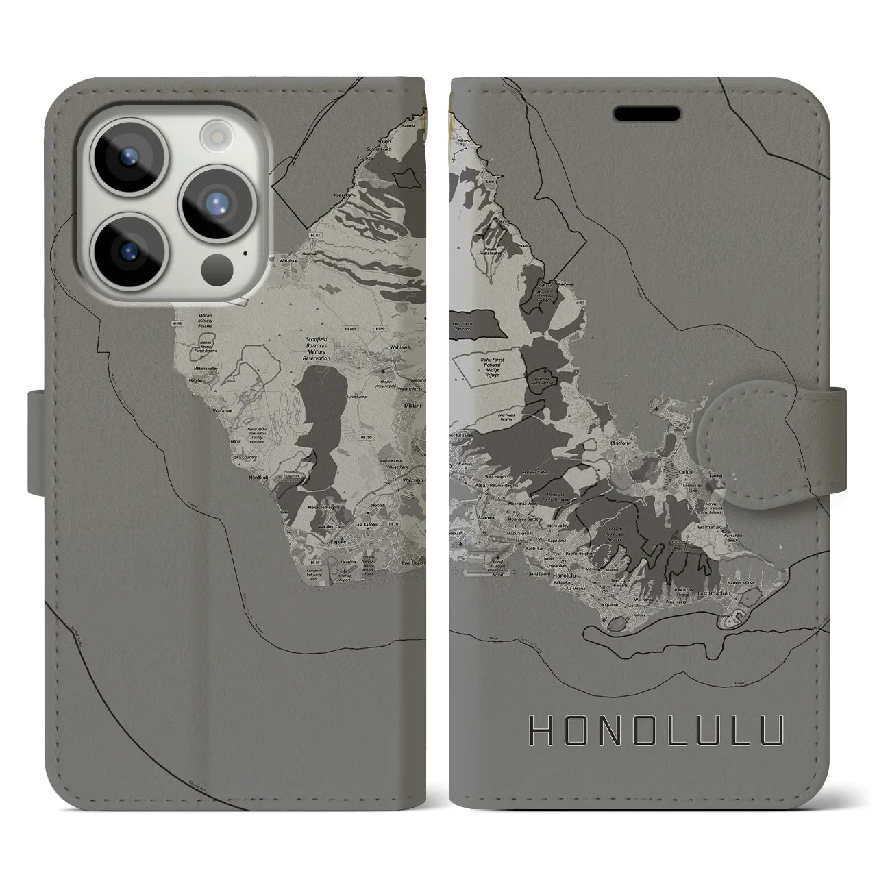 【ホノルル2(アメリカ)】地図柄iPhoneケース(手帳タイプ)モノトーン・iPhone 15 Pro 用