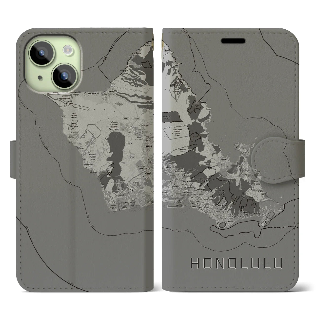 【ホノルル2(アメリカ)】地図柄iPhoneケース(手帳タイプ)モノトーン・iPhone 15 用