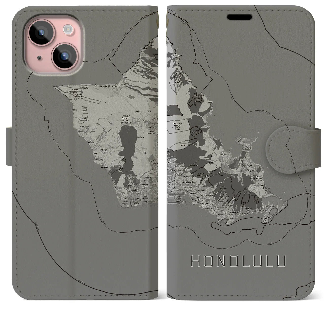 【ホノルル2(アメリカ)】地図柄iPhoneケース(手帳タイプ)モノトーン・iPhone 15 Plus 用