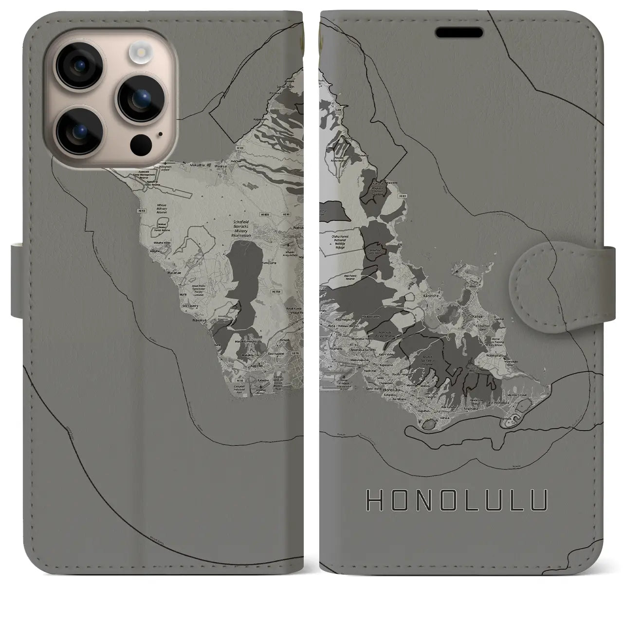 【ホノルル2(アメリカ)】地図柄iPhoneケース(手帳タイプ)モノトーン・iPhone 16 Plus 用