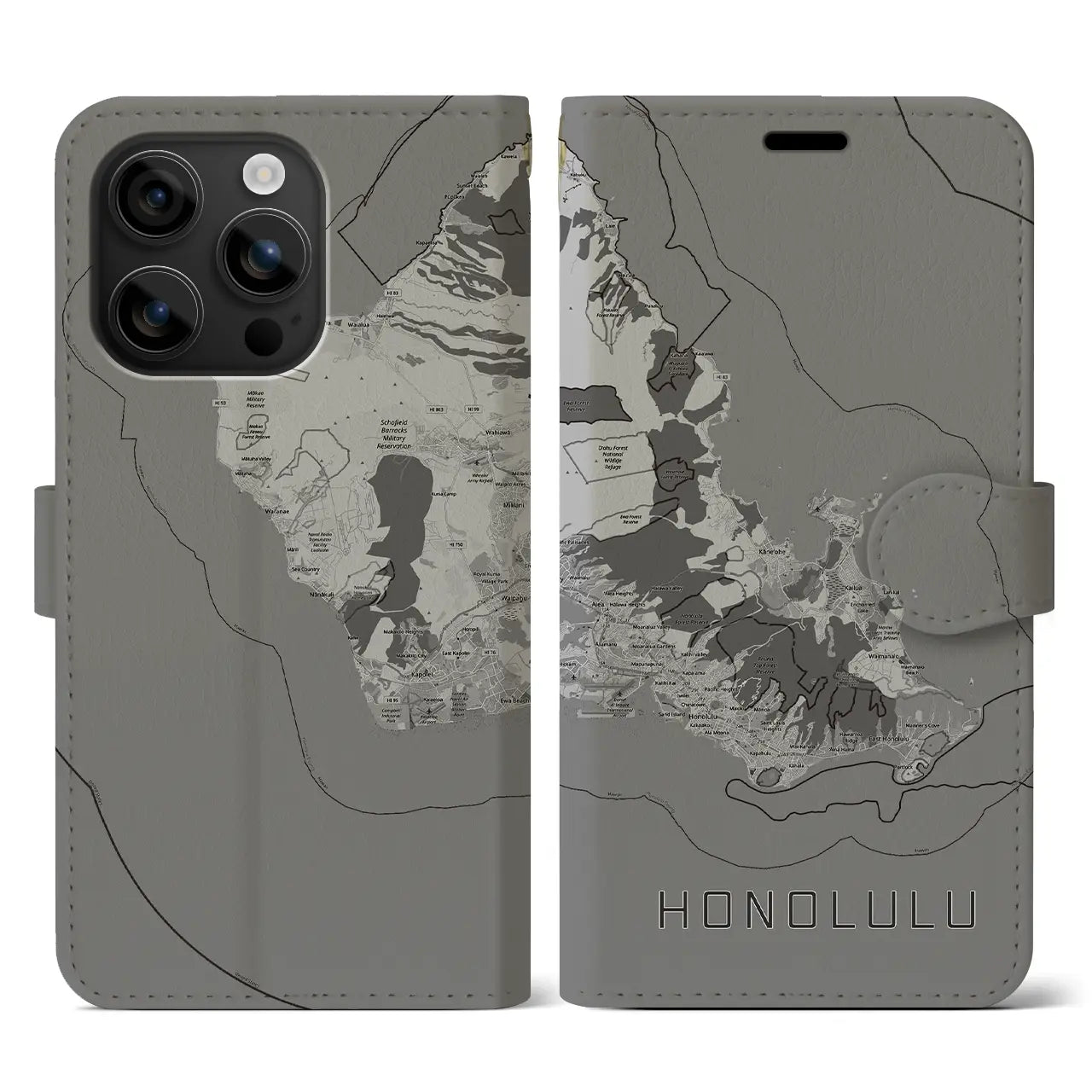 【ホノルル2(アメリカ)】地図柄iPhoneケース(手帳タイプ)モノトーン・iPhone 16 用