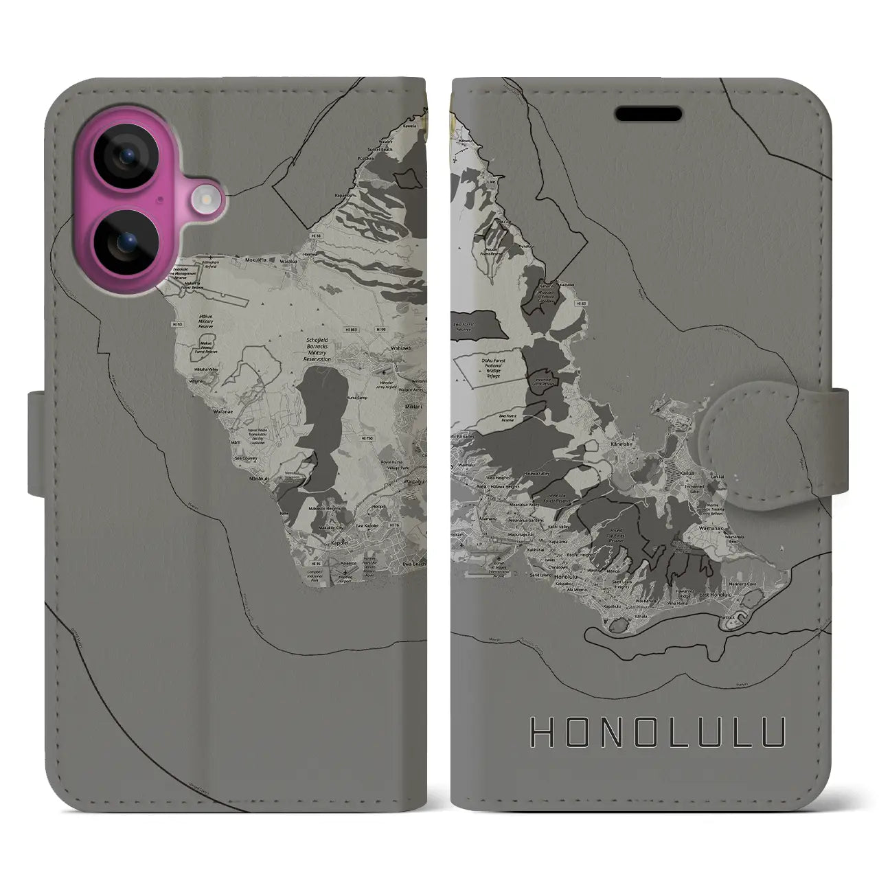 【ホノルル2(アメリカ)】地図柄iPhoneケース(手帳タイプ)モノトーン・iPhone 16 Pro 用