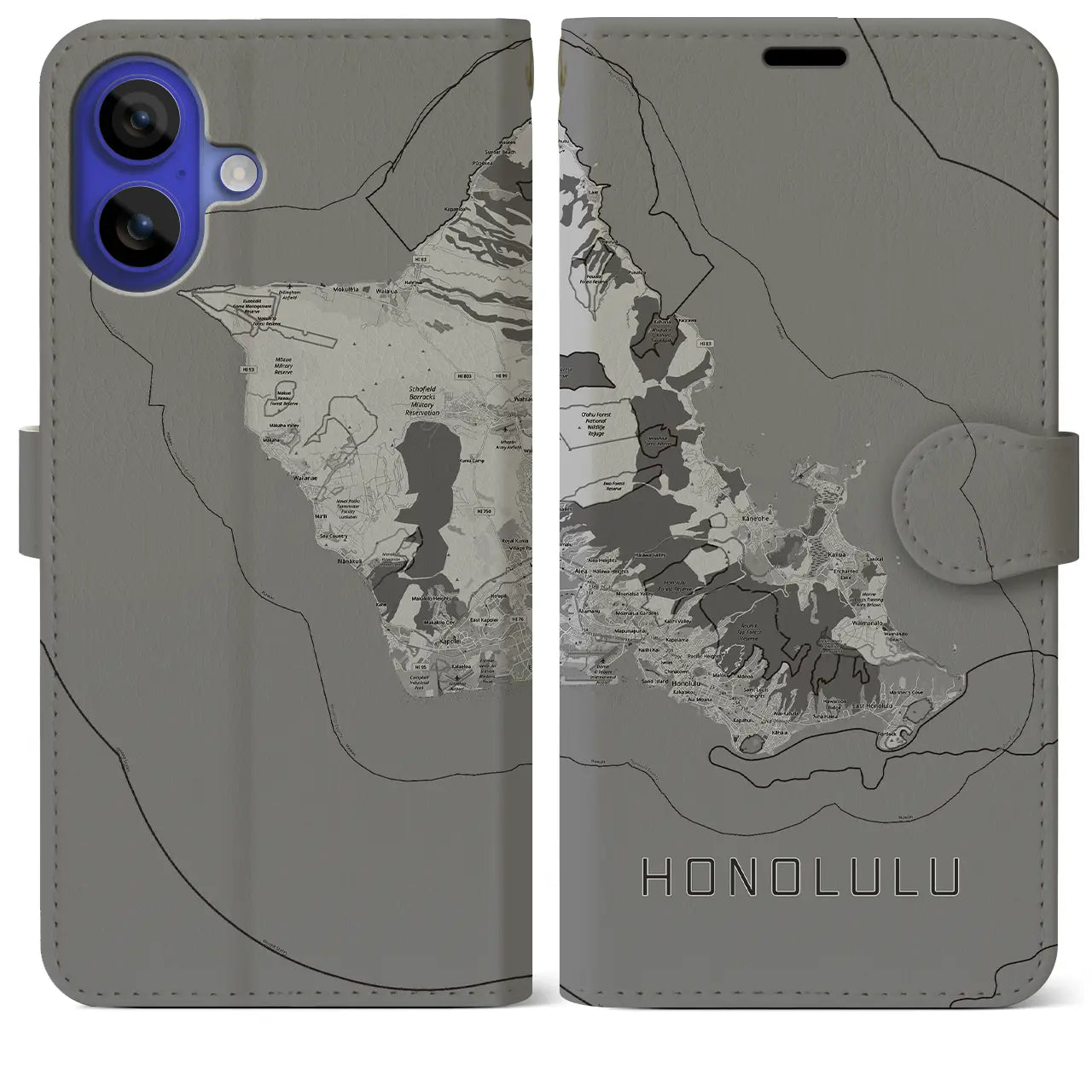 【ホノルル2(アメリカ)】地図柄iPhoneケース(手帳タイプ)モノトーン・iPhone 16 Pro Max 用