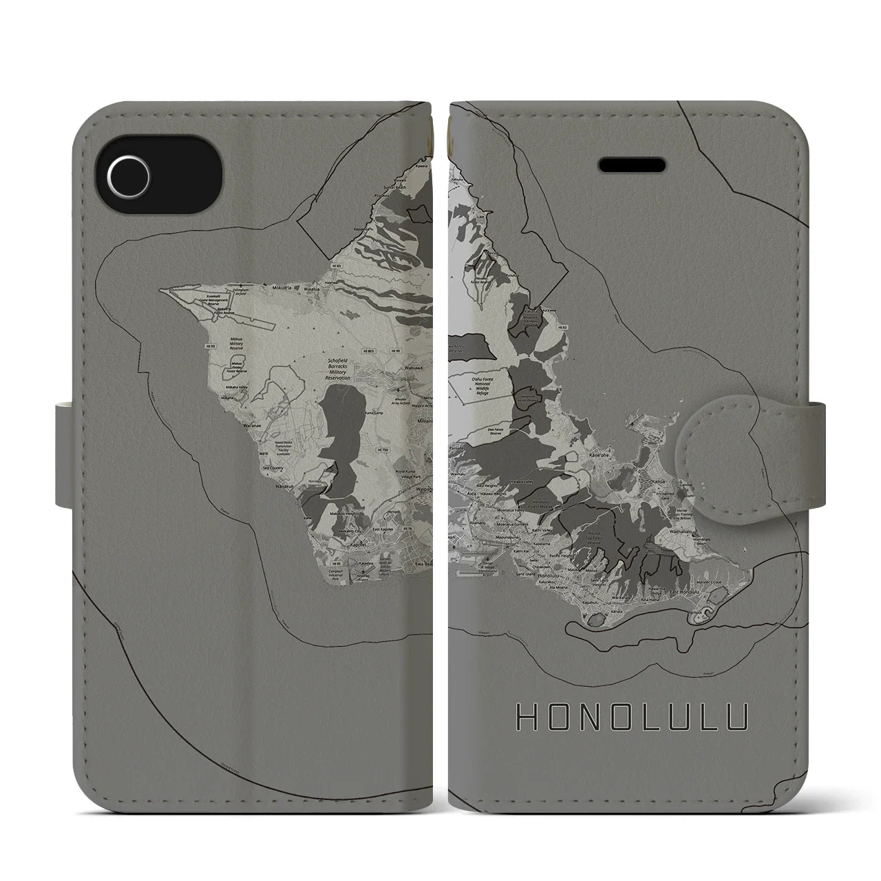 【ホノルル2(アメリカ)】地図柄iPhoneケース(手帳タイプ)モノトーン・iPhone SE(第3 / 第2世代) / 8 / 7 / 6s / 6 用