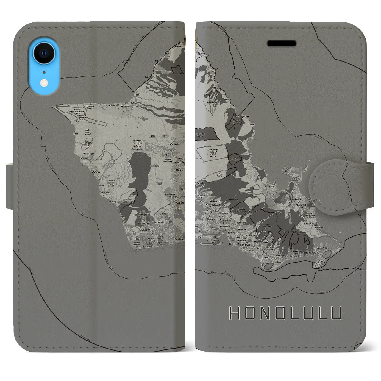 【ホノルル2(アメリカ)】地図柄iPhoneケース(手帳タイプ)モノトーン・iPhone XR 用