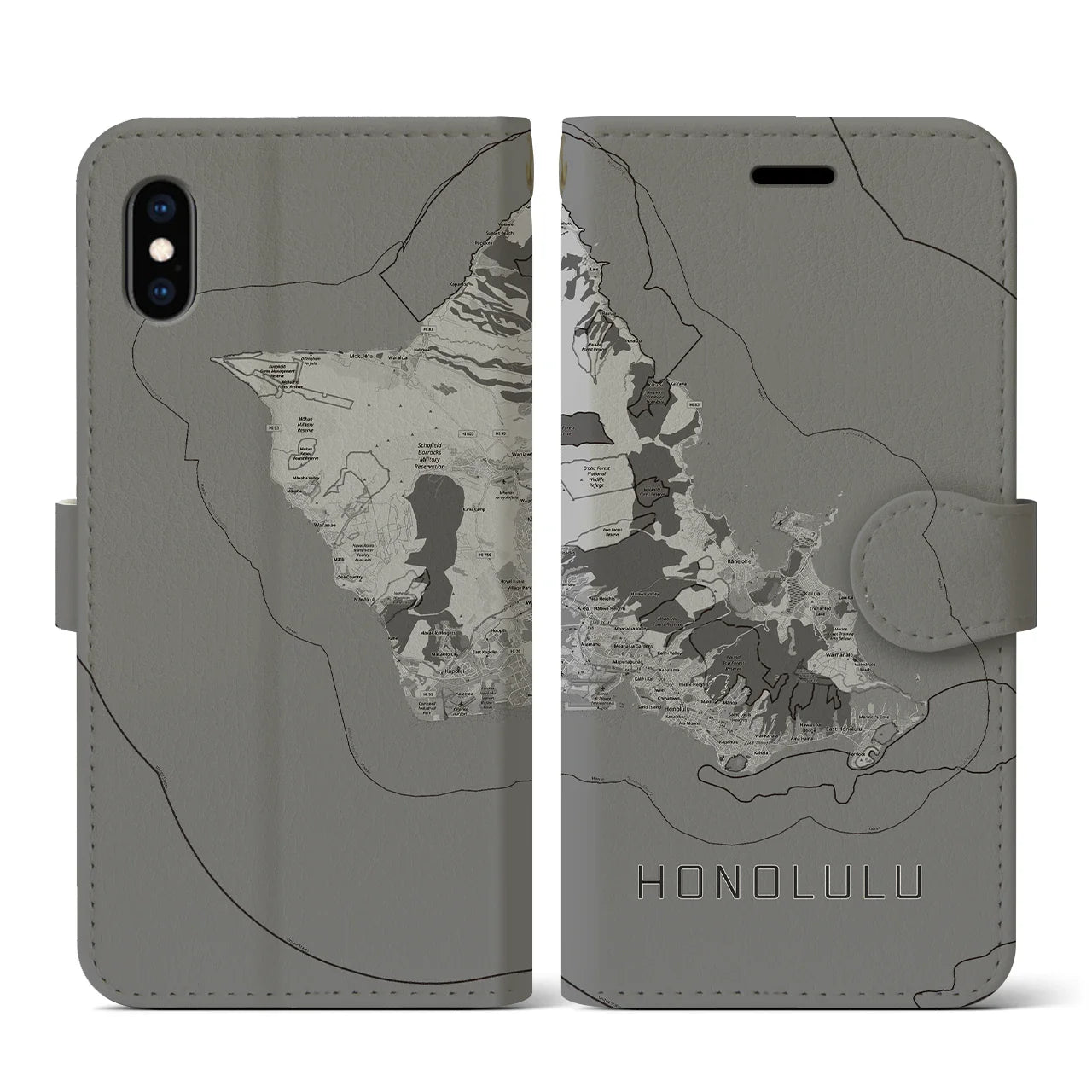 【ホノルル2(アメリカ)】地図柄iPhoneケース(手帳タイプ)モノトーン・iPhone XS / X 用