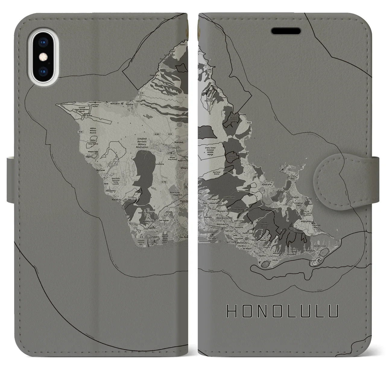 【ホノルル2(アメリカ)】地図柄iPhoneケース(手帳タイプ)モノトーン・iPhone XS Max 用