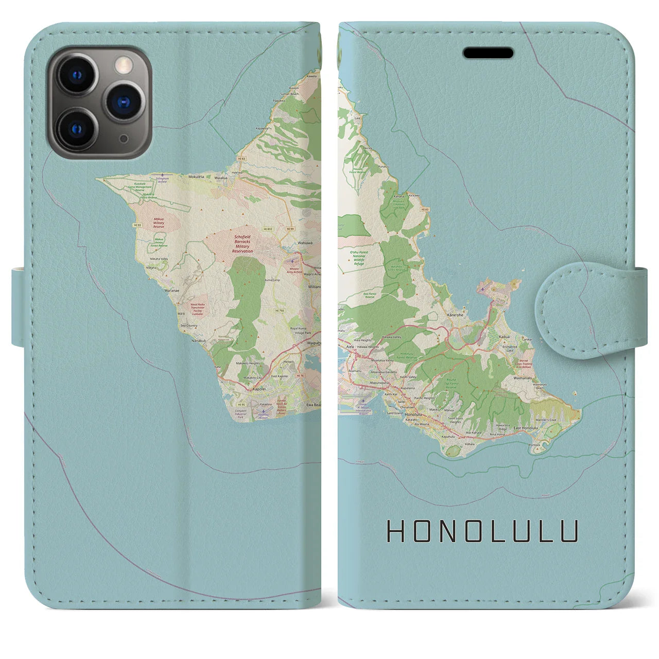 【ホノルル2(アメリカ)】地図柄iPhoneケース(手帳タイプ)ナチュラル・iPhone 11 Pro Max 用
