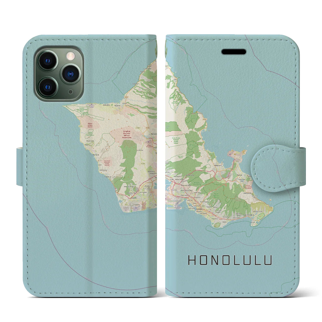 【ホノルル2(アメリカ)】地図柄iPhoneケース(手帳タイプ)ナチュラル・iPhone 11 Pro 用