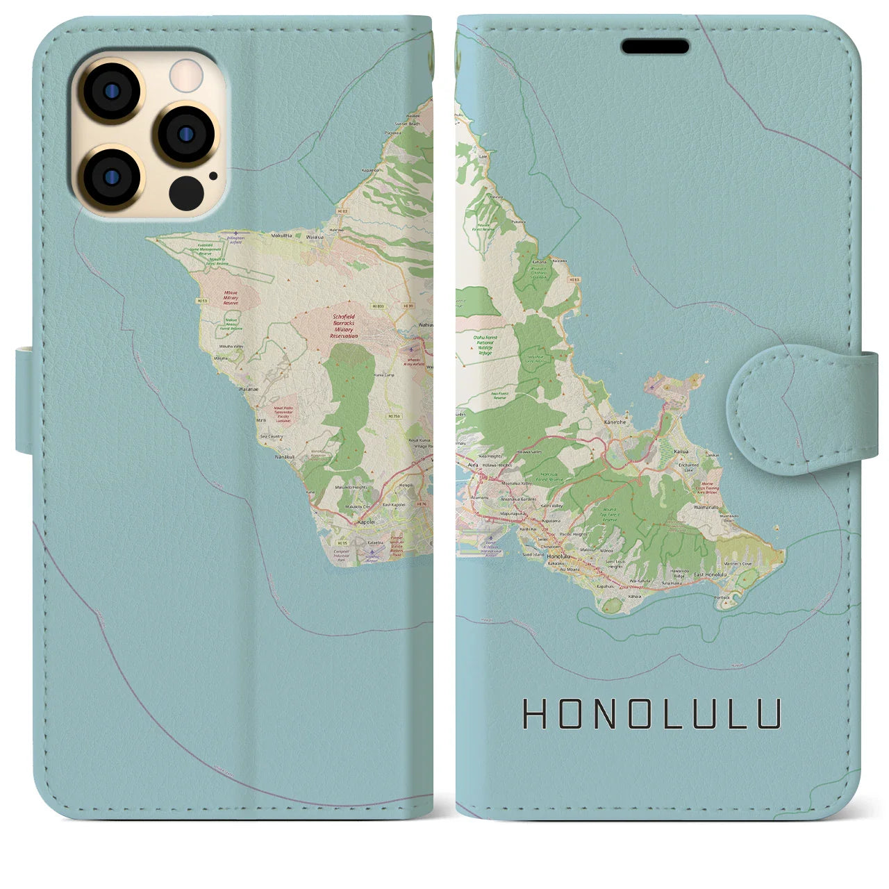 【ホノルル2(アメリカ)】地図柄iPhoneケース(手帳タイプ)ナチュラル・iPhone 12 Pro Max 用