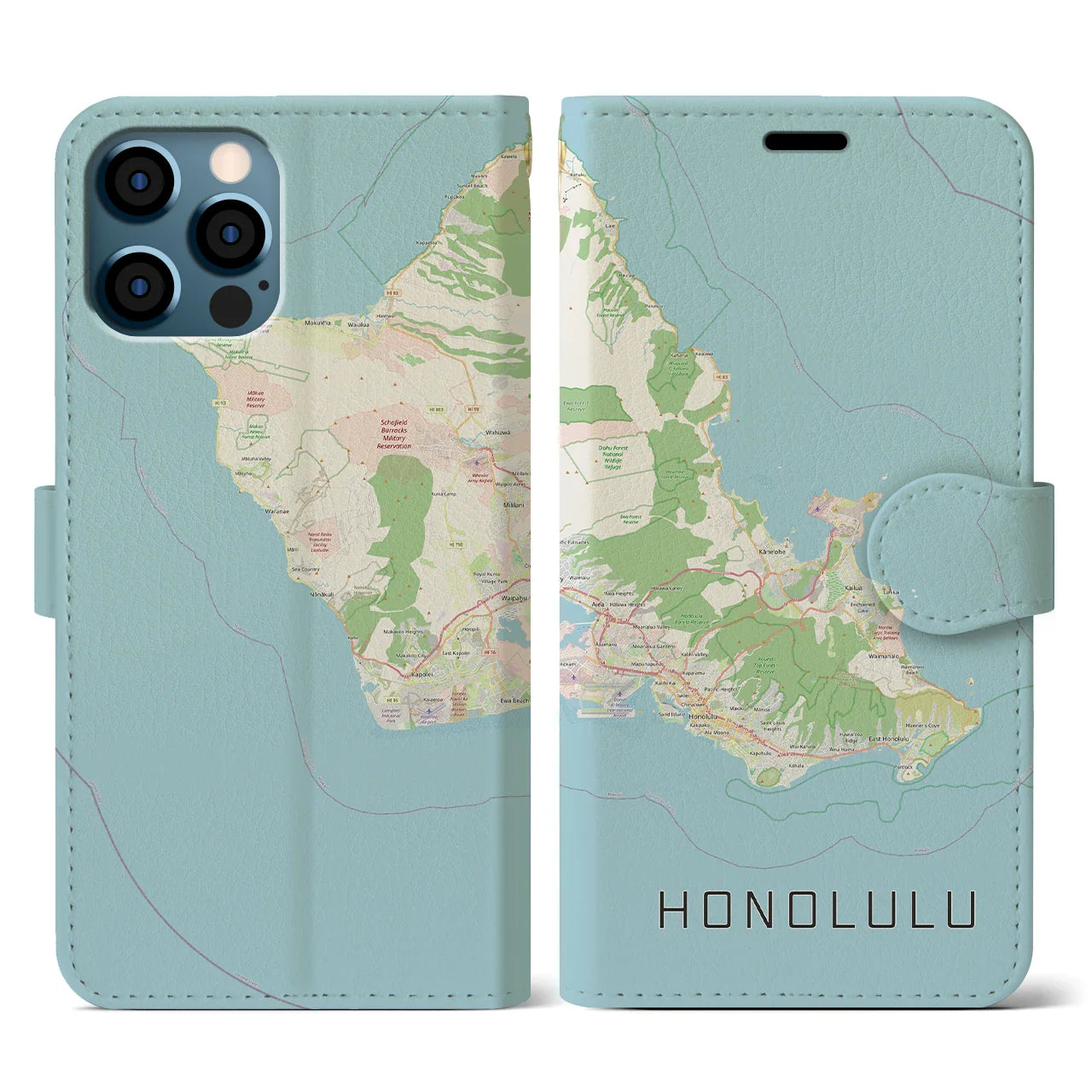 【ホノルル2(アメリカ)】地図柄iPhoneケース(手帳タイプ)ナチュラル・iPhone 12 / 12 Pro 用