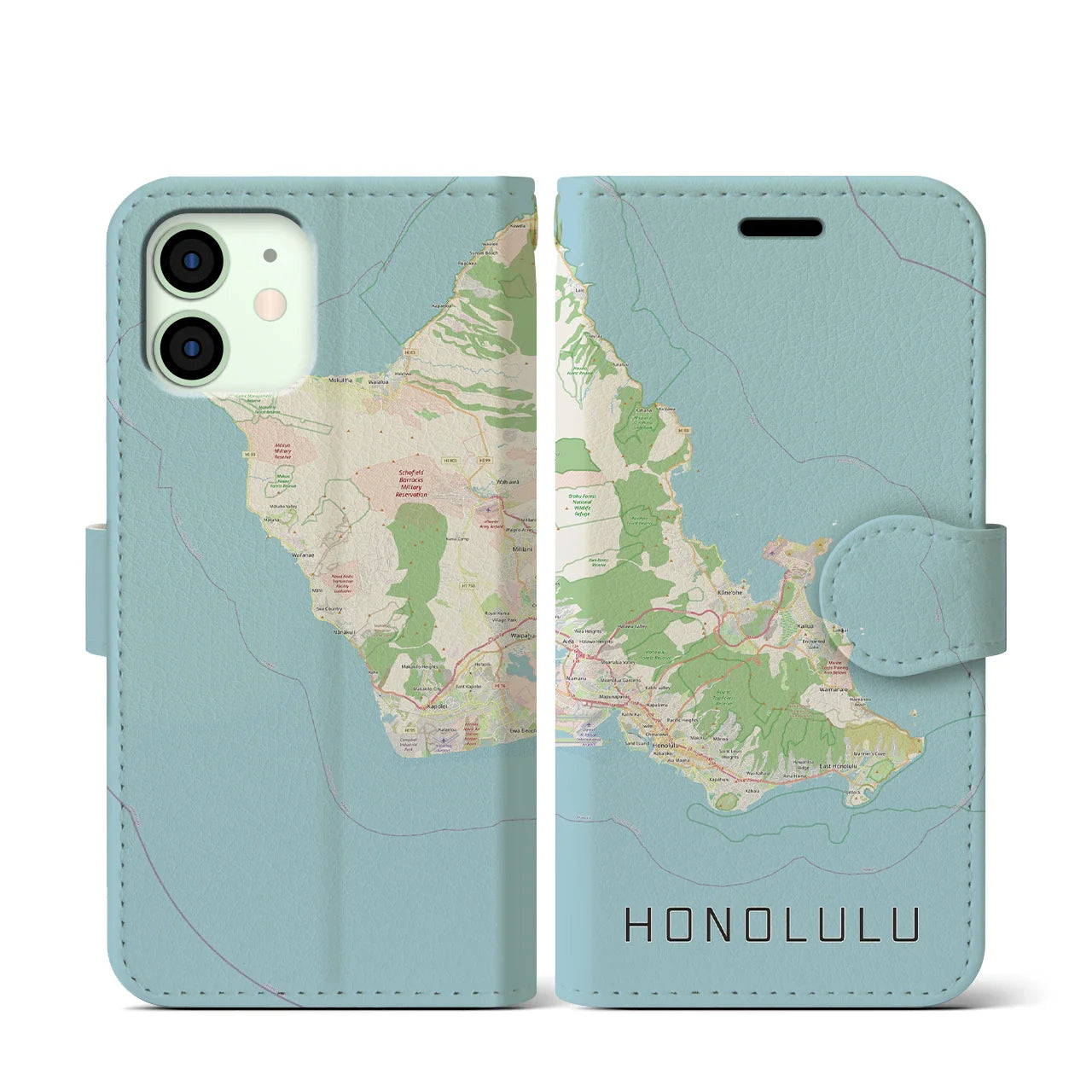 【ホノルル2(アメリカ)】地図柄iPhoneケース(手帳タイプ)ナチュラル・iPhone 12 mini 用