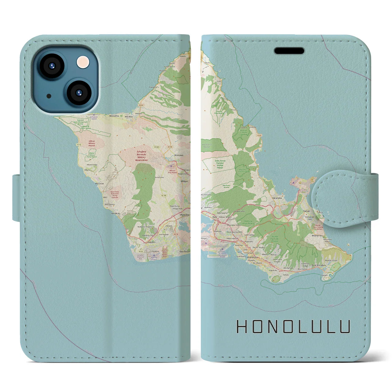 【ホノルル2(アメリカ)】地図柄iPhoneケース(手帳タイプ)ナチュラル・iPhone 13 用