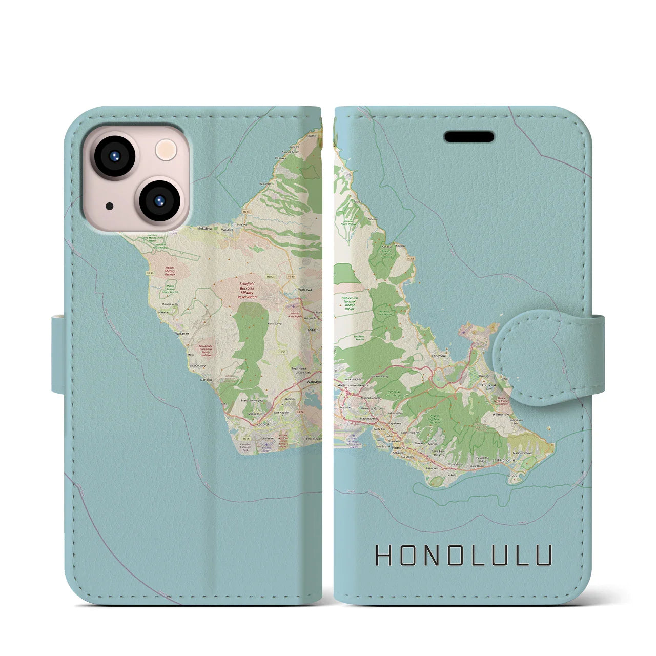 【ホノルル2(アメリカ)】地図柄iPhoneケース(手帳タイプ)ナチュラル・iPhone 13 mini 用