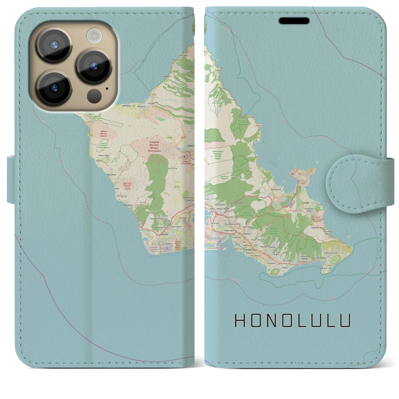【ホノルル2(アメリカ)】地図柄iPhoneケース(手帳タイプ)ナチュラル・iPhone 14 Pro Max 用