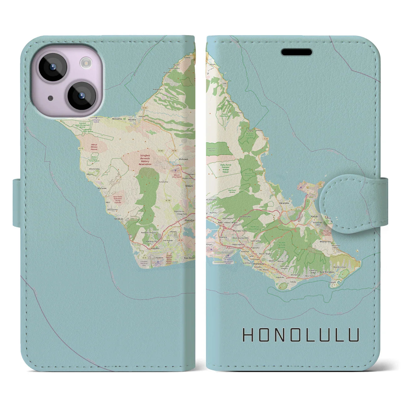 【ホノルル2(アメリカ)】地図柄iPhoneケース(手帳タイプ)ナチュラル・iPhone 14 用