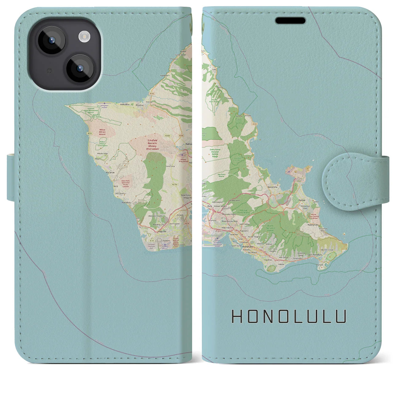 【ホノルル2(アメリカ)】地図柄iPhoneケース(手帳タイプ)ナチュラル・iPhone 14 Plus 用