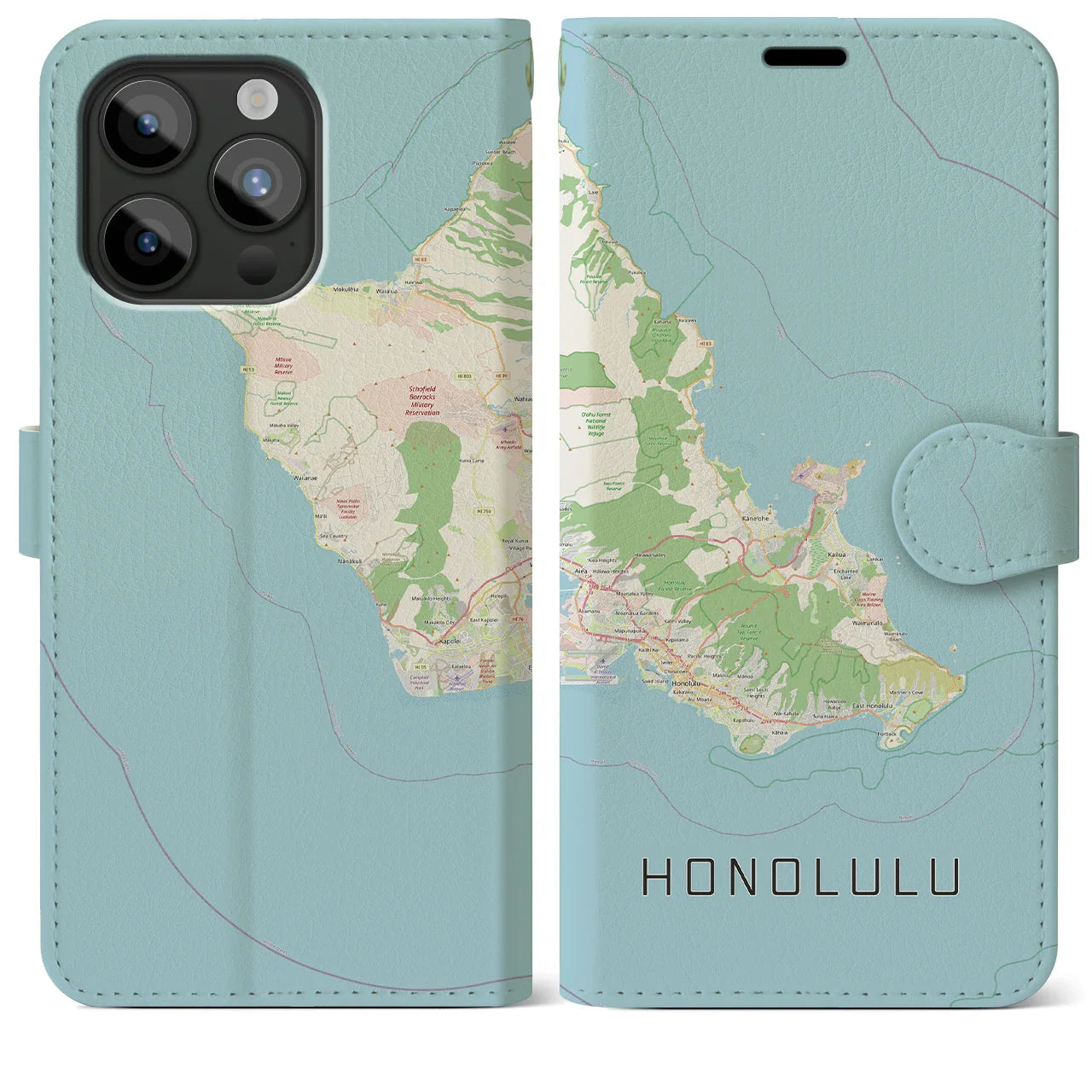 【ホノルル2(アメリカ)】地図柄iPhoneケース(手帳タイプ)ナチュラル・iPhone 15 Pro Max 用