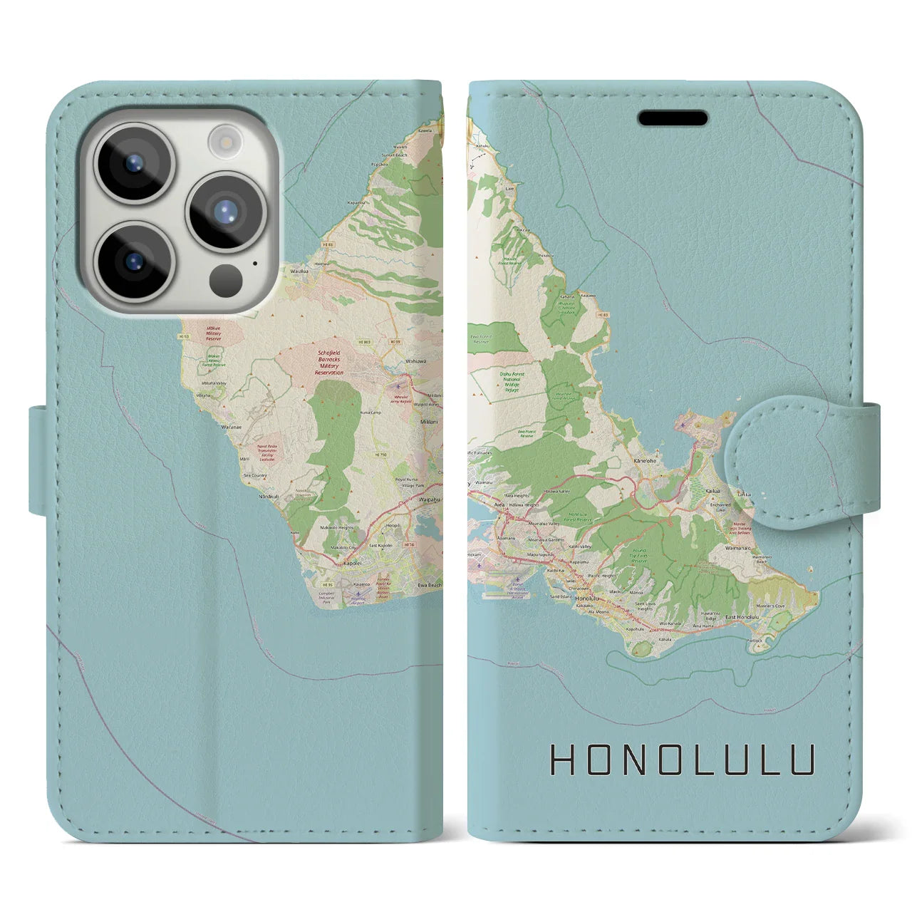 【ホノルル2(アメリカ)】地図柄iPhoneケース(手帳タイプ)ナチュラル・iPhone 15 Pro 用
