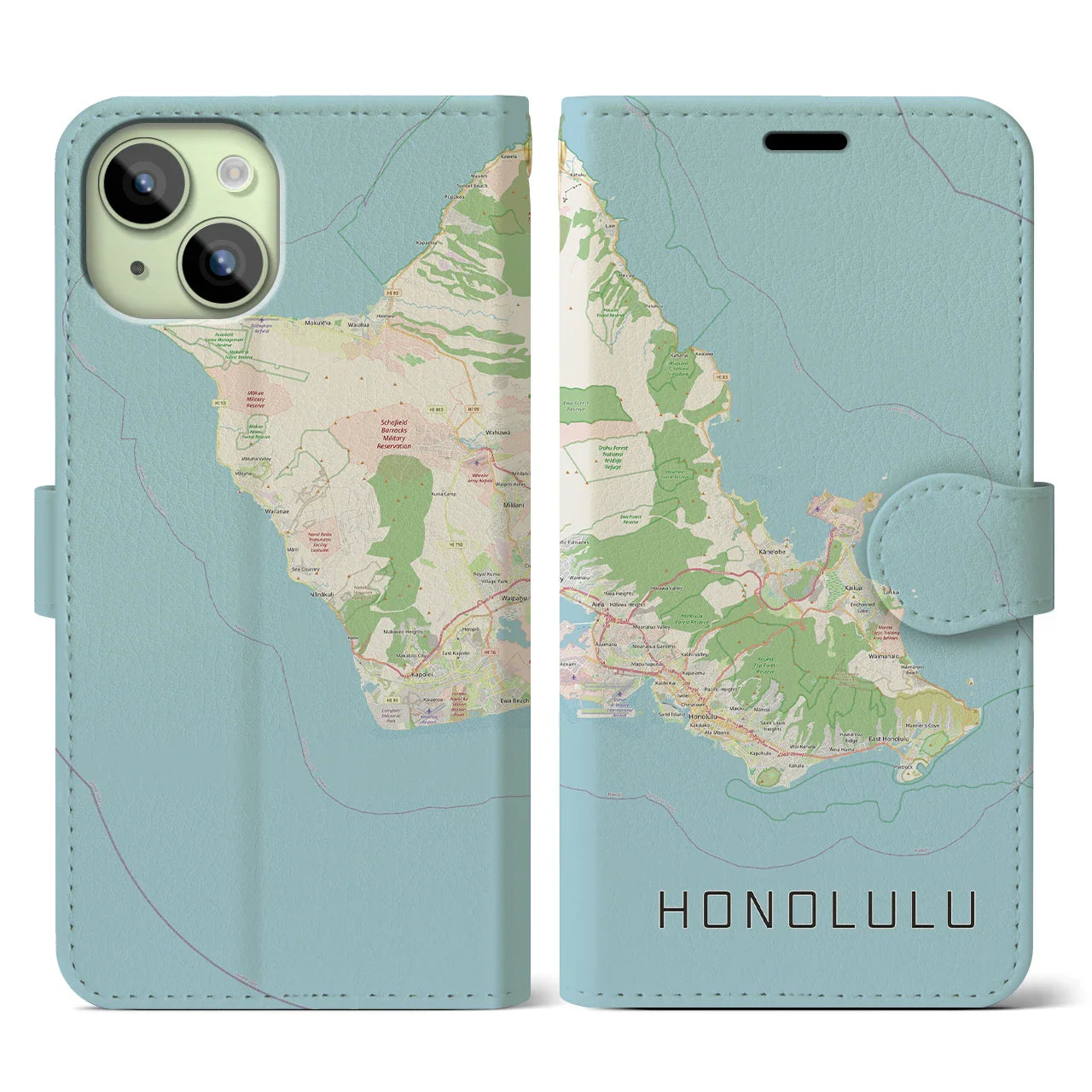 【ホノルル2(アメリカ)】地図柄iPhoneケース(手帳タイプ)ナチュラル・iPhone 15 用