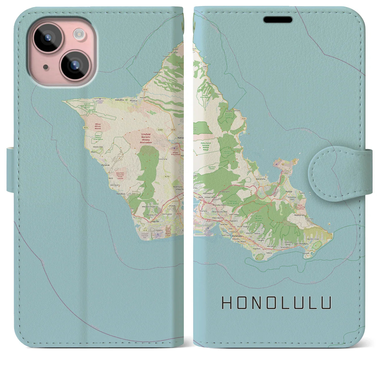 【ホノルル2(アメリカ)】地図柄iPhoneケース(手帳タイプ)ナチュラル・iPhone 15 Plus 用