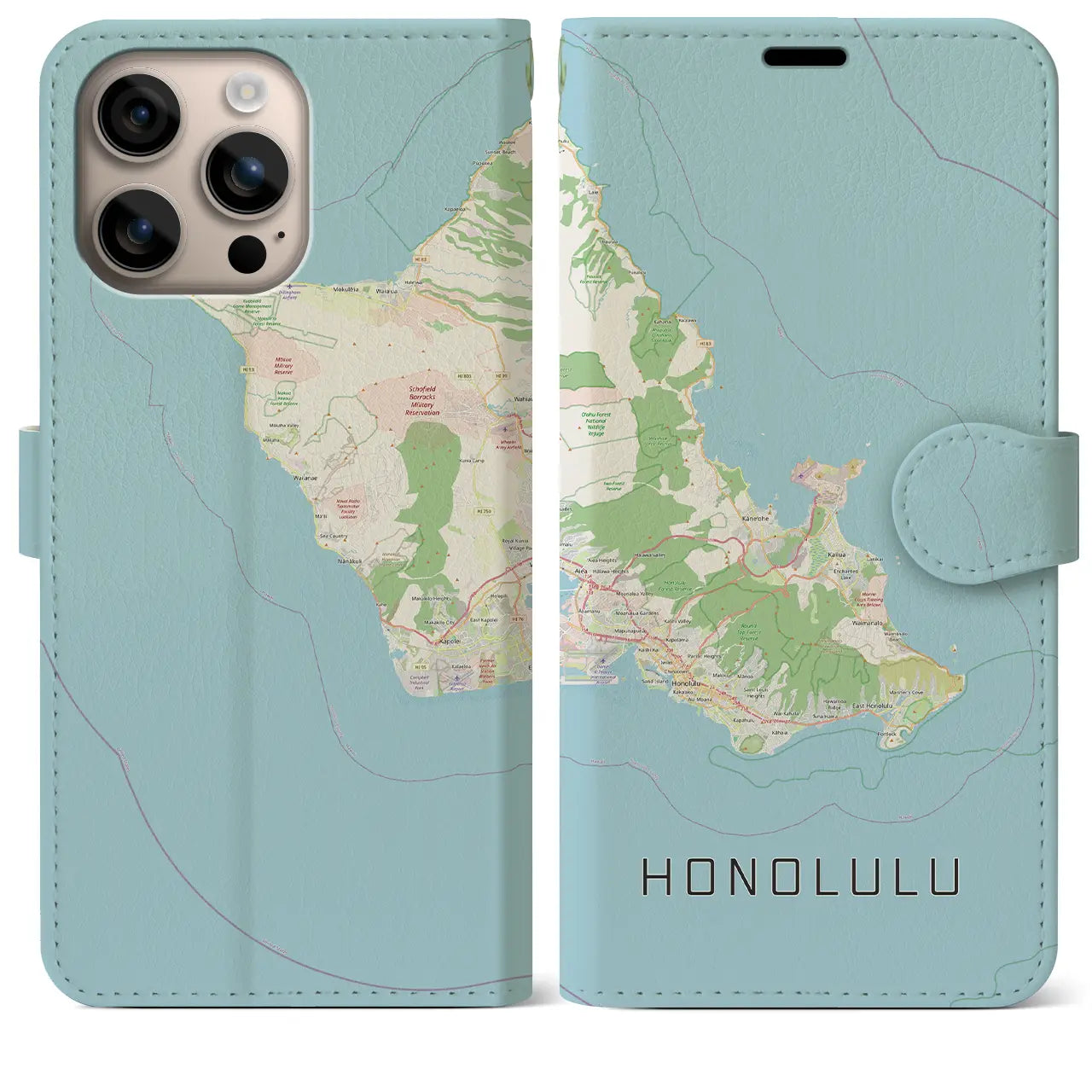 【ホノルル2(アメリカ)】地図柄iPhoneケース(手帳タイプ)ナチュラル・iPhone 16 Plus 用