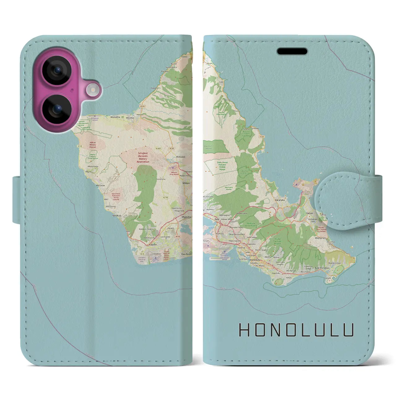 【ホノルル2(アメリカ)】地図柄iPhoneケース(手帳タイプ)ナチュラル・iPhone 16 Pro 用
