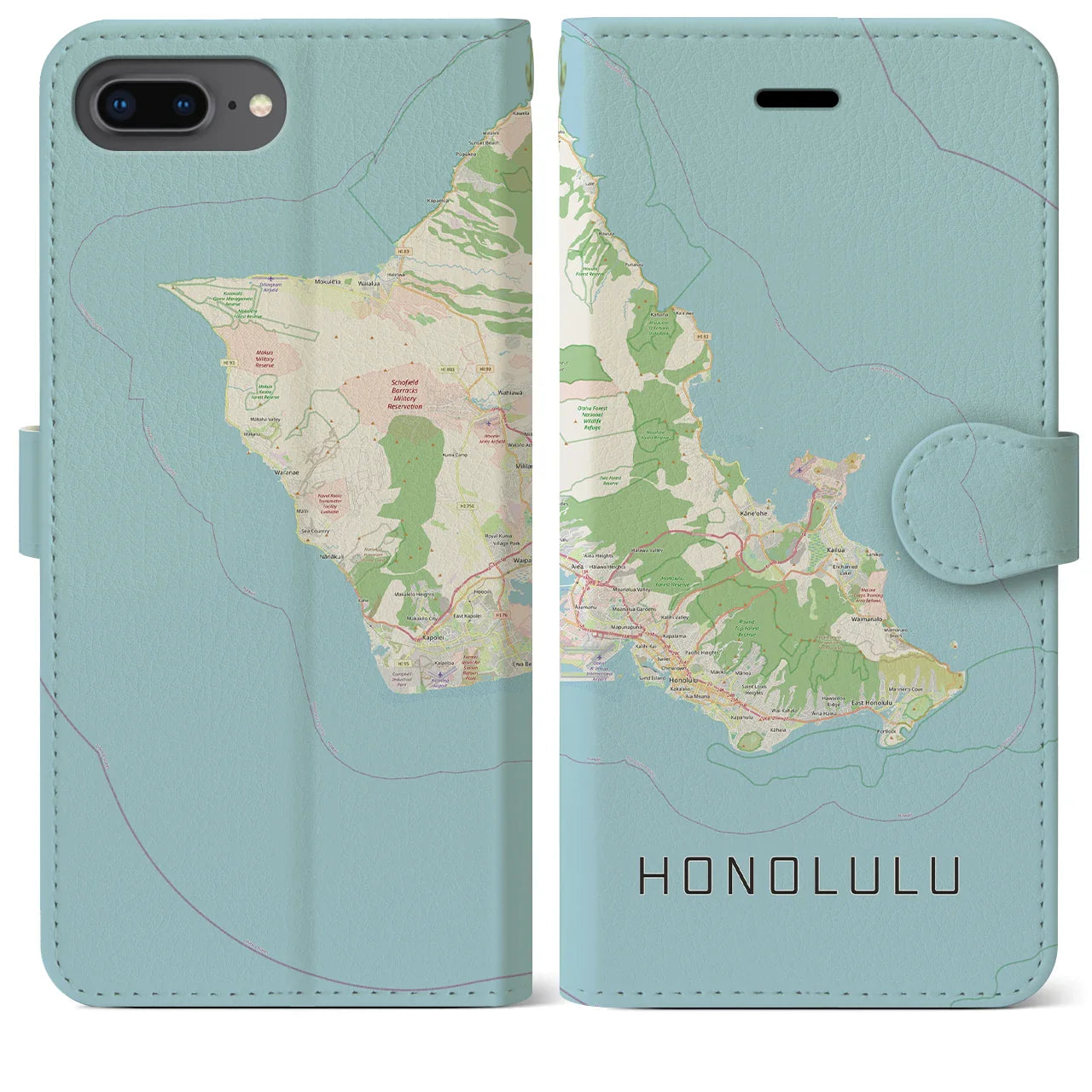 【ホノルル2(アメリカ)】地図柄iPhoneケース(手帳タイプ)ナチュラル・iPhone 8Plus /7Plus / 6sPlus / 6Plus 用