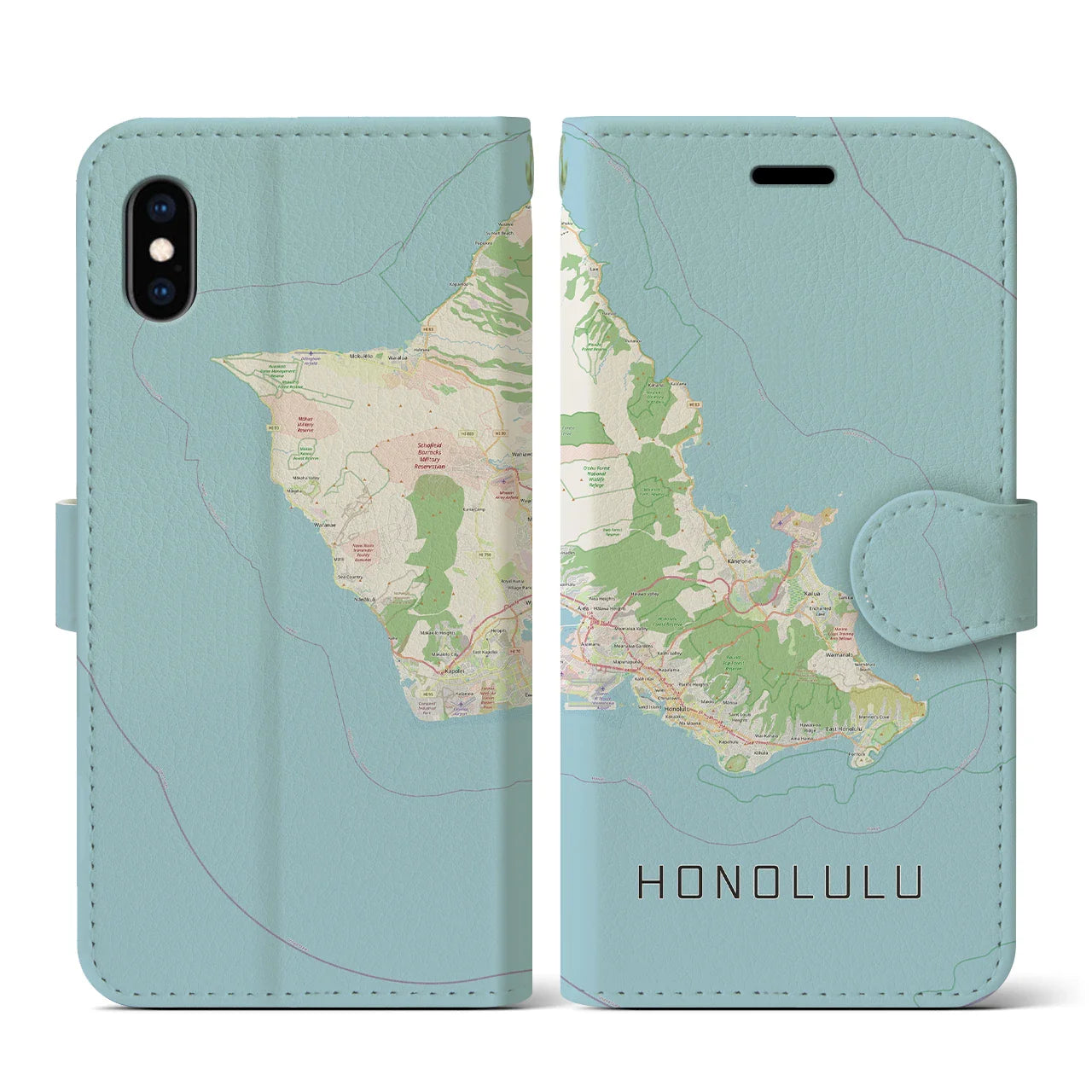 【ホノルル2(アメリカ)】地図柄iPhoneケース(手帳タイプ)ナチュラル・iPhone XS / X 用