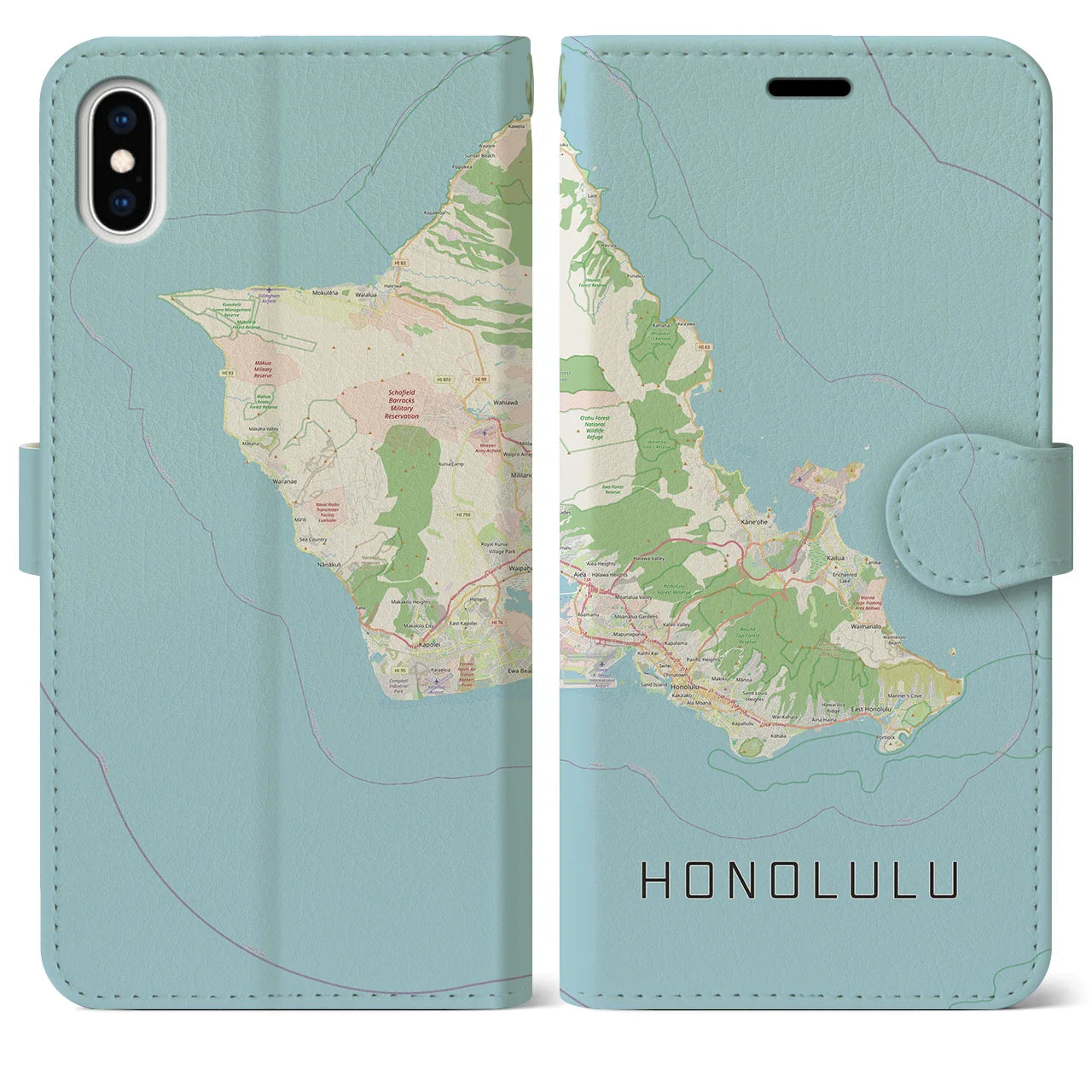 【ホノルル2(アメリカ)】地図柄iPhoneケース(手帳タイプ)ナチュラル・iPhone XS Max 用