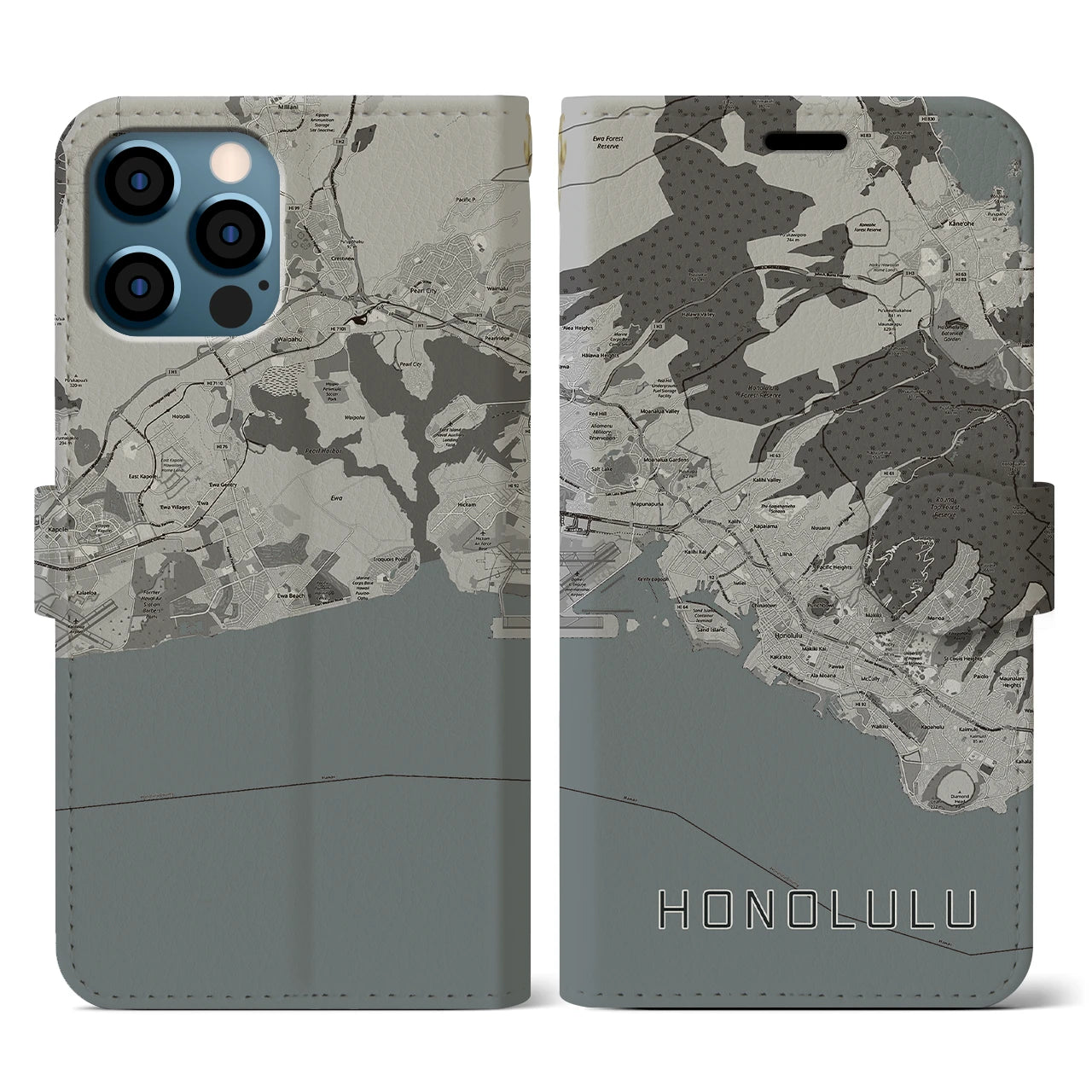 【ホノルル(アメリカ)】地図柄iPhoneケース(手帳タイプ)モノトーン・iPhone 12 / 12 Pro 用