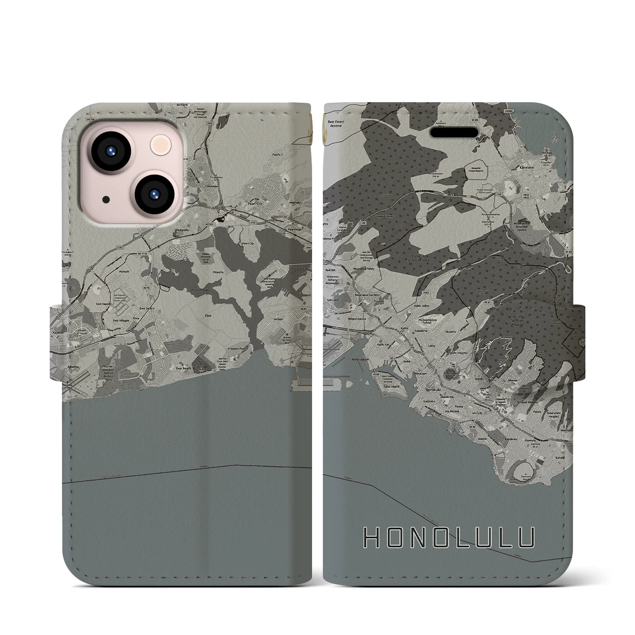 【ホノルル(アメリカ)】地図柄iPhoneケース(手帳タイプ)モノトーン・iPhone 13 mini 用